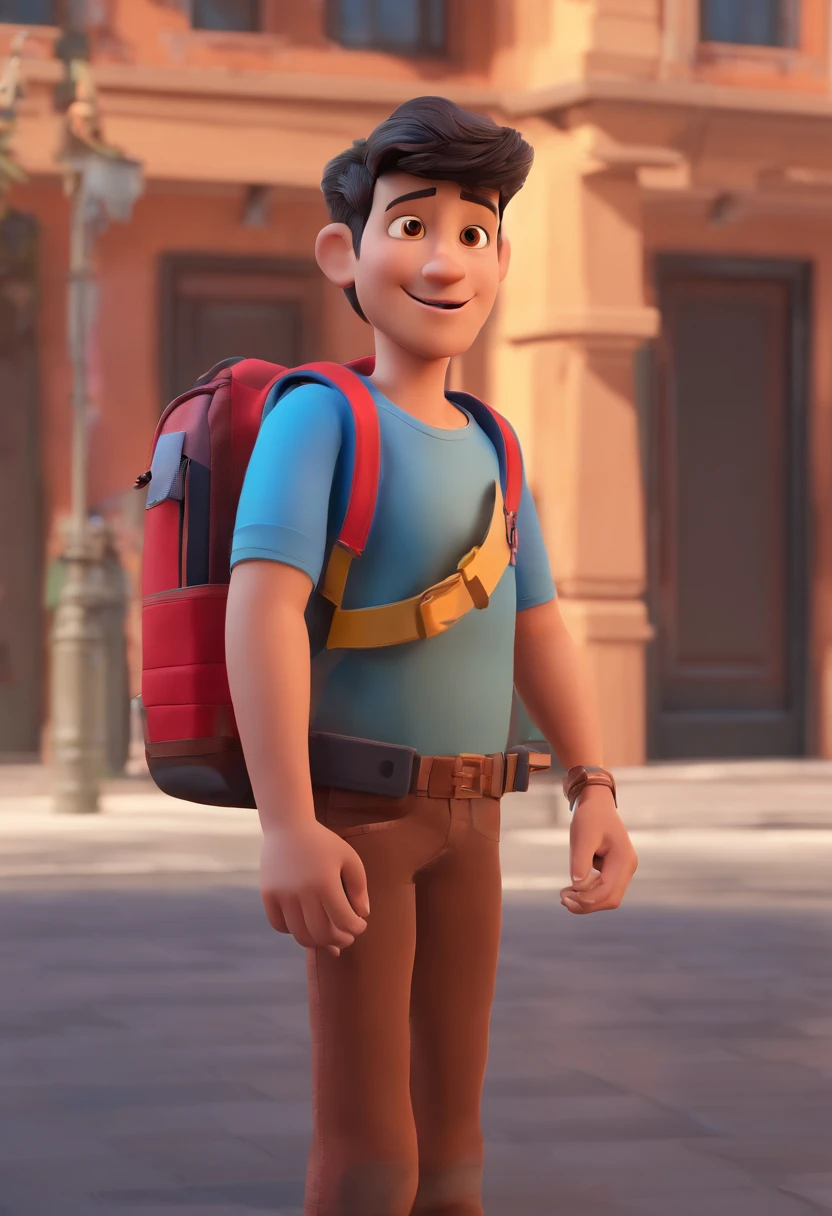 Create a Pixar 3D Movie Cover Style Image How to Train Your Dagger from a Young Man Dressed in a Red Shirt and a Black Backpack Standing on the Sidewalk. He's looking at the camera from the front. O homem usa um colar com uma cruz de madeira marrom, que adiciona um toque elegante ao seu visual. The backpack is placed on your back, indicando que ele pode estar carregando alguns pertences. A cena captura um momento casual, com uma cena de igreja ao fundo.