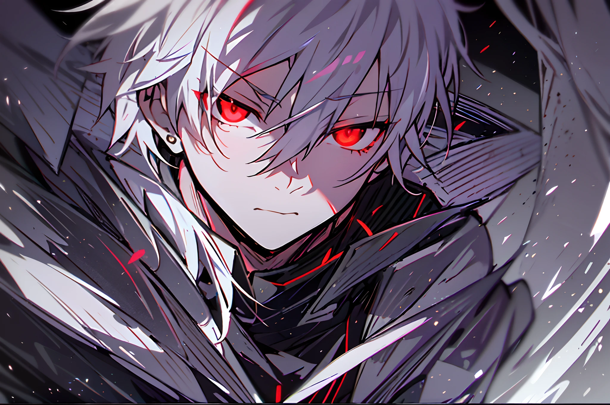 hight resolution,close range、Anime boy with white hair and red eyes staring at camera, Glowing red eyes,slim, dressed in a black outfit,Shadow Body,de pele branca,monochromes,hair messy,Straight face、Diagonal angle