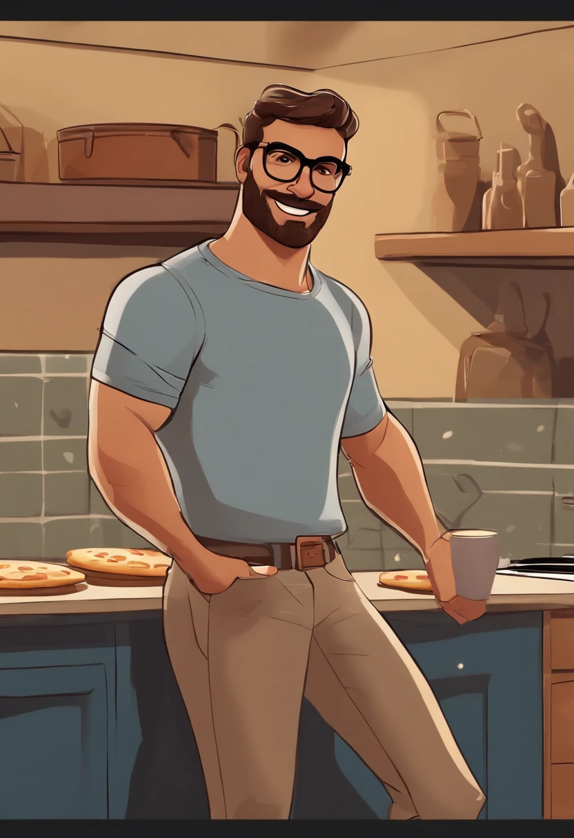 Personagem de desenho animado, homem de 28 anos com cabelo raspado curto, barba grande, orelha pequena e nariz arredondado, cabe um pouco grande e orelha pequena, brown glasses and eyes, White polo blouse with khaki pants and brown boots standing in front of a white brick wall with wooden floor