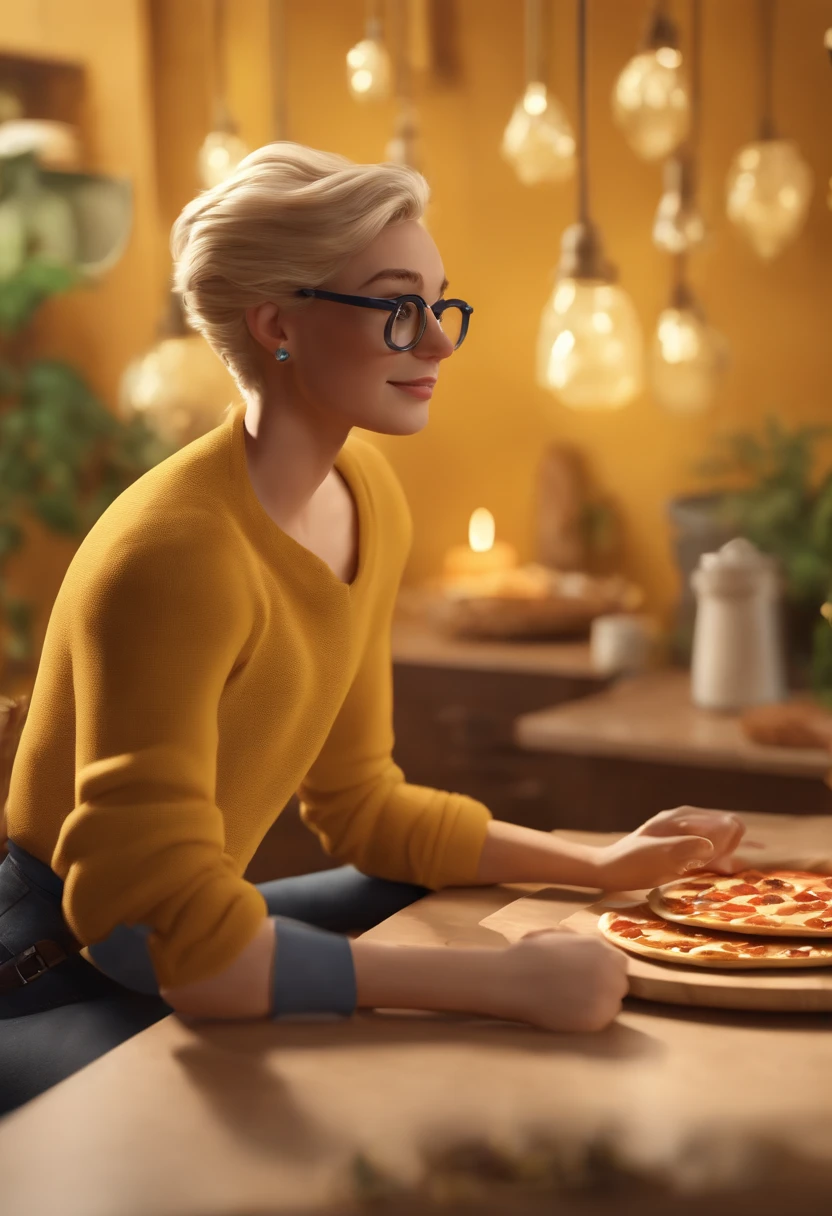 Personagens de desenho animado com 9 jovens, sendo 6 homens e 3 mulheres em uma mesa com 4 pizzas, sendo um homem moreno cabelos lisos, wearing a yellow diamond-studded sweater, outro homem branco com cabelos castanhos baixo, usando um casaco marrom, outro homem pardo, com cabelos lisos baixo, usando um casaco cinza, A blond man showing his muscles, de regata azul, uma mulher morena de cabelos cacheados, de casaco azul, um homem branco e cabelos castanhos claro, usando um casaco azul com detalhes laranja na gola, uma mulher branca, cabelos lisos, wearing wearing semi-circular brown glasses and a grey long sleeve shirt, um homem branco calvo, Wearing Square Gray Glasses, usando casaco azul com uma blusa cinza por dentro e uma mulher branca de cabelos lisos castanhos, usando uma blusa preta. Caractere estilizado, animation style rendering, 3D estilizado, Arnold Maya render, 3 d render stylized, toon render keyshot, Personagem 3D, Personagem 3D, 3d rendering stylized, 3 d character render, personagem de desenho animado, Personagem de close up, Pose de personagem, (Estilo Pixar) (master part:1.2) (Bokeh) (best quality) (pele detalhada) (textura detalhada) (8k) (argila) (Cinematic lighting)