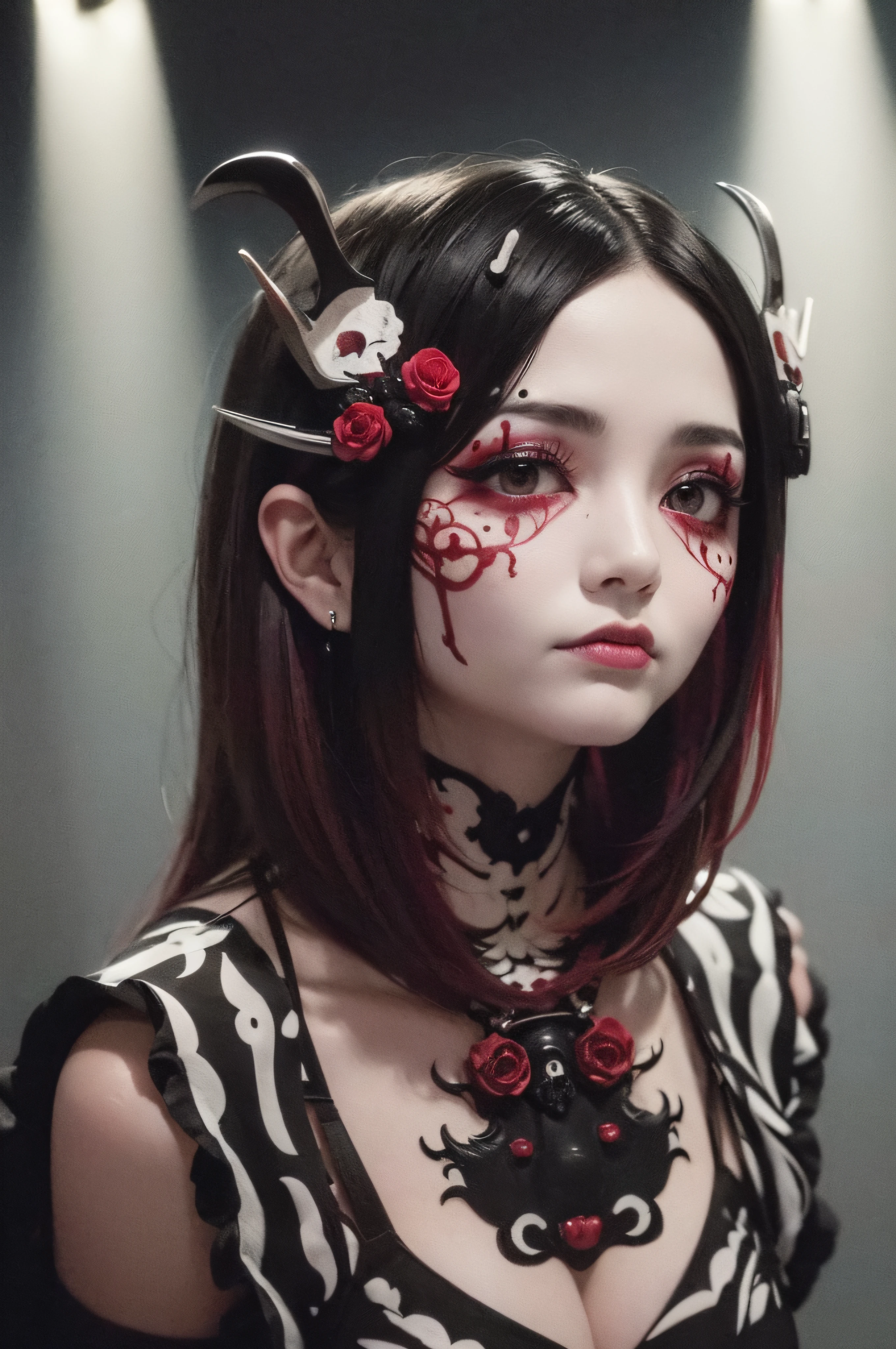 "(The best lighting, oscuro, dramatic),(feto calavera geisha escupiendo tinta roja, Cicatrices, sexy, cerebro, sangre, una rata dentro de la cabeza, terror.),(ojos rojos, calaveras). volumetric light.