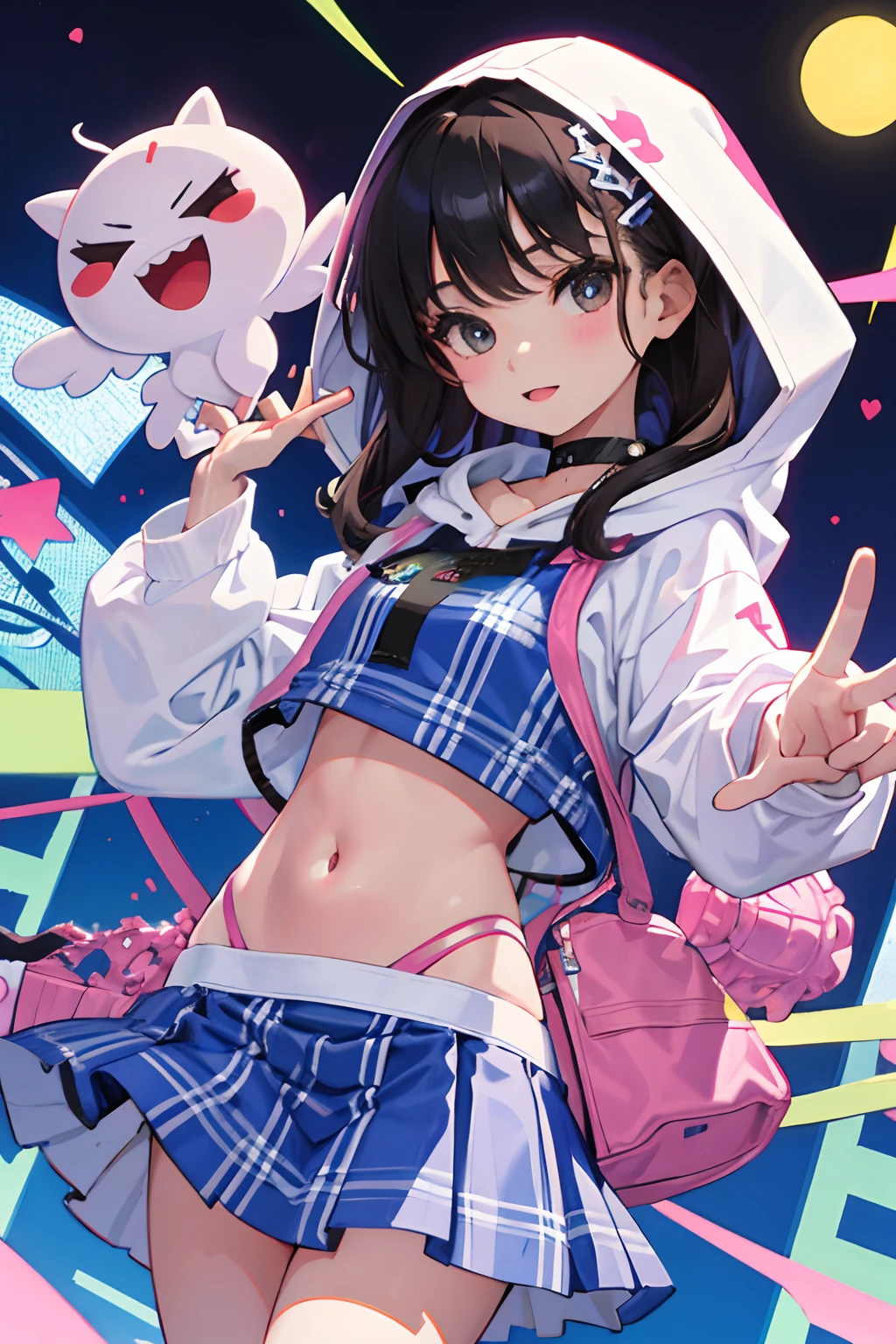 (),(masterpiece,Highest Quality),Crop Top Look,Pastel Hoodie,(gingham checked skirt),A dark-haired,World of toys