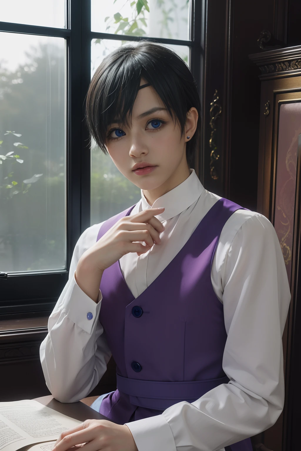 (Best Quality,4k,8k,highres,巨作:1.2),A highly detailed,(Realistic,Realistic Photos,Realistic Photos:1.37),portrait,anime,Phantomhive Sky,boy,10 years old,,dark hair,Intense look,pale skin,Royal Uniform,Classic Victorian style,Stylish clothes,Precision stitching,Feather has,Golden accents,deep blue eyes,Purple eye patch,Detailed lashes,exquisite facial features,serious expression,Confident position,Stand in majestic, Sit in a beautiful office with a window behind it overlooking the garden,Dramatic shades,Invisible lens glow,vibrant colours,Rich color scheme,Royal Purple,Royal Blue,Delicate pastel tones,Gentle sunlight flows through the leaves. Ten-year-old boy dressed in boyish clothes with hot naked short hair