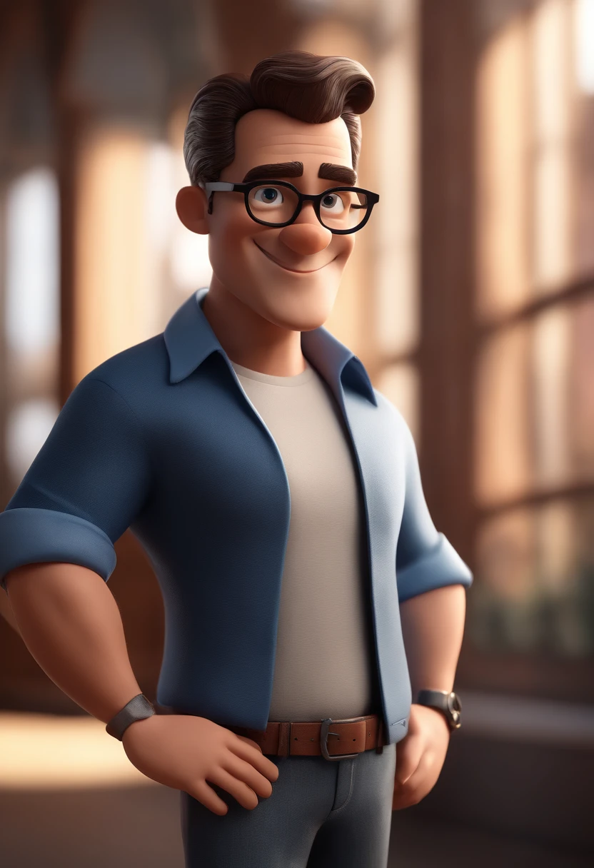 Cartoon character of a man with black glasses and a blue shirt, animation character, Caractere estilizado, animation style rendering, 3D estilizado, Arnold Maya render, 3 d render stylized, toon render keyshot, Personagem 3D, Personagem 3D, 3d rendering stylized, 3 d character render, personagem de desenho animado, Personagem de close up, Pose de personagem,  (Estilo Pixar) (master part:1.2) (Bokeh) (best quality) (pele detalhada) (textura detalhada) (8k) (argila) (Cinematic lighting) (foco nítido
