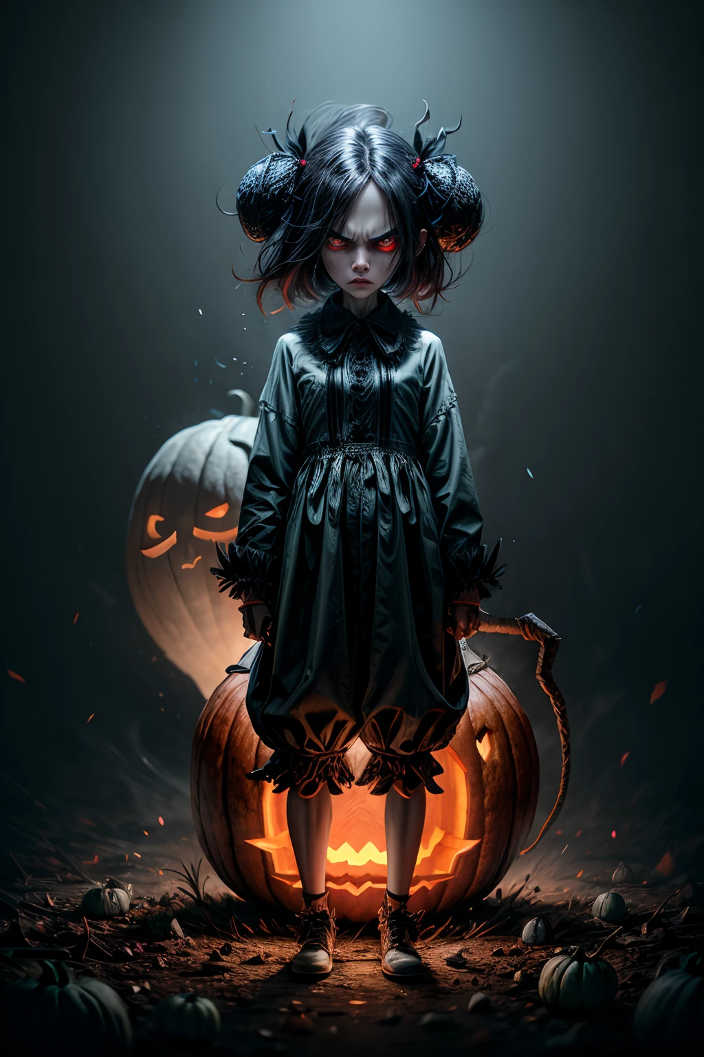 cute angry pouting ghost, full body shot Haunted red pumpkin