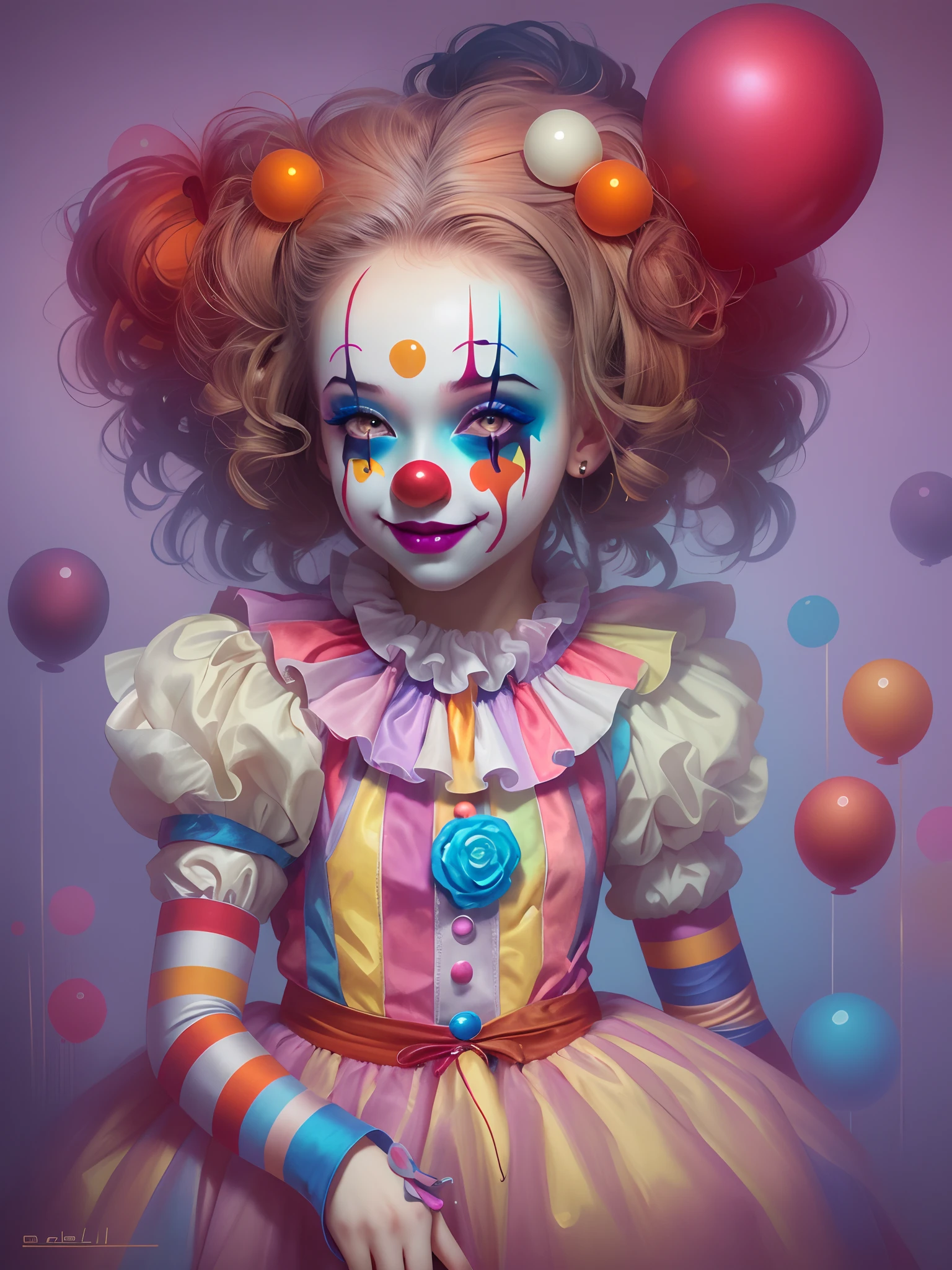 Clown makeup for little girls，Beeple and Jeremiah Ketner, cutecore clowncore, creepy clown girl, artgerm julie bell beeple, Portrait of Harley Haring, stunning digital illustration, Inspired by Sam Spratt, trending on cgsociety art, Deviantart ArtStation CGSCOSIETY, inspired by Yanjun Cheng