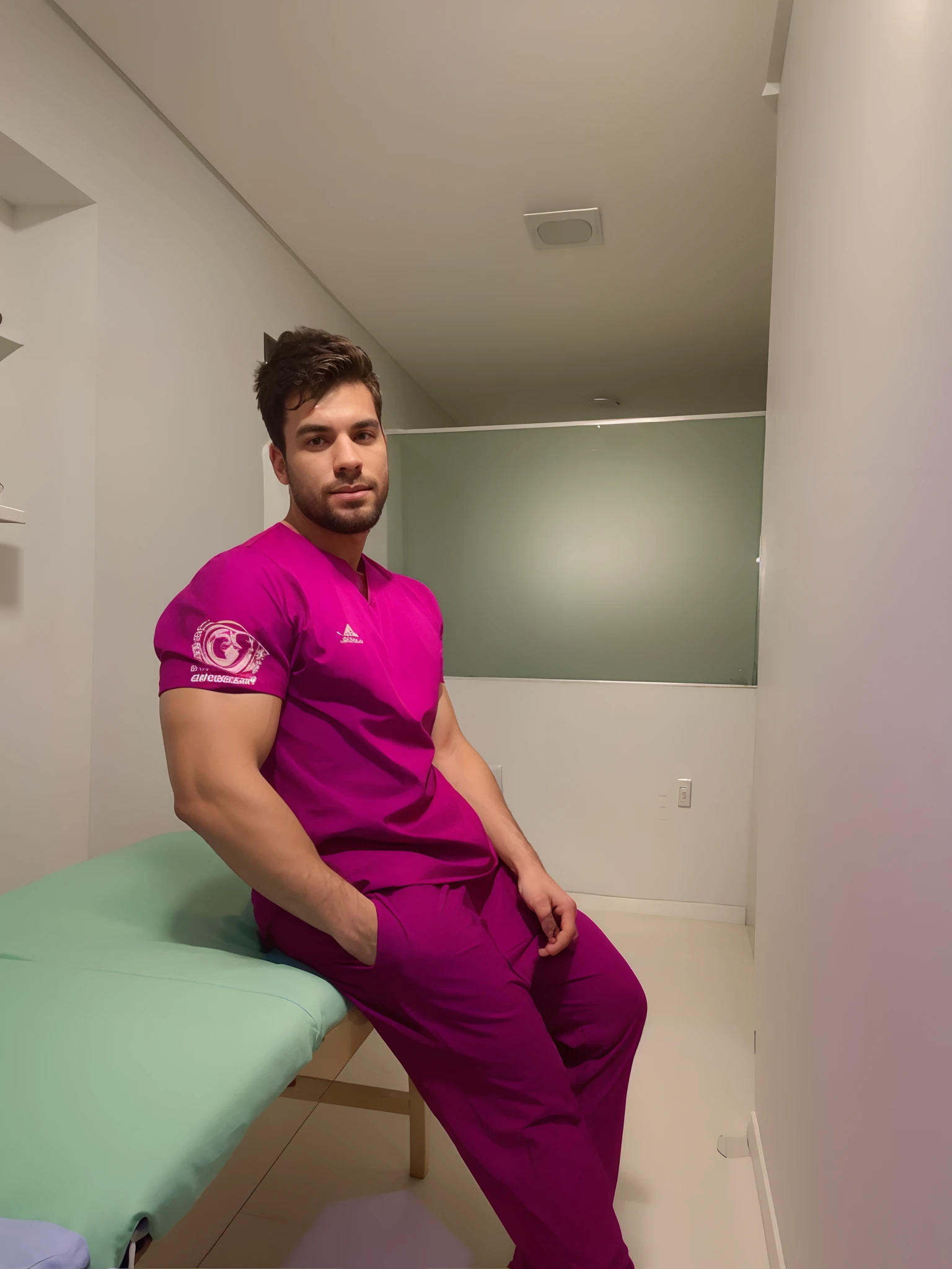 Homem, vestido de fisioterapeuta, eu sua sala de atendimento, com materiais de fisioterapia