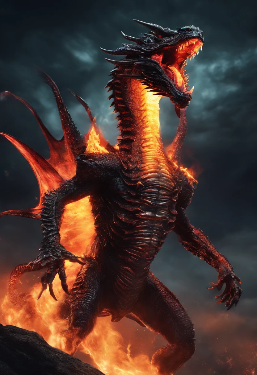 Black dragon flying and spitting fire, alta qualidade, melhor qualidade