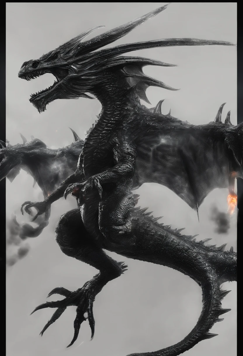 plano general, whole body, Bloom, monochrome, ink sketch,((1 dragon alone, strong and robust, dynamic pose, large and sharp fangs:1.5)), fighting stance, looking at the viewer, Scales, (abstract ink splash:1.2), White background