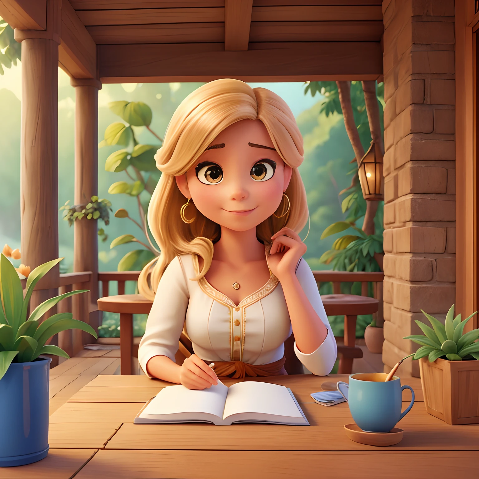 A woman sitting at a wooden table on the terrace, Nice and quiet place of soft light with potted plants, The beautiful woman is reading a book of fables, pequenas borboletas azuis sobrevoam o livro com se estivessem saindo de dentro livro, painting digital adorable, bela arte digital, Pintura realista, arte digital detalhada bonito, in style of disney animation, very magical and dreamy, Beautiful digital illustration, arte de pintura digital dos desenhos animados