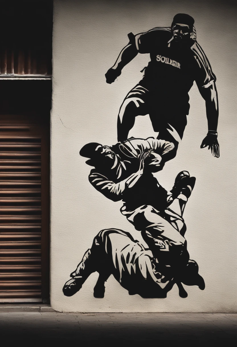 Create a stencil-style illustration with the following features:

Background: Pure white, no details.

Samson: A strong, muscular figure with flowing long hair. He's dressed in traditional attire of his era, but with an urban twist: think oversized robes and basketball sneakers.

Action: Samson is wielding the jawbone of a donkey, striking a soldier's head with force. The soldier appears thrown off balance by the hit.

Additional Soldiers: Include simple black silhouettes of defeated soldiers on the ground to emphasize the aftermath of the battle.

Style: The image should possess the essence of urban street art but retain the simplicity and boldness of stencil art.