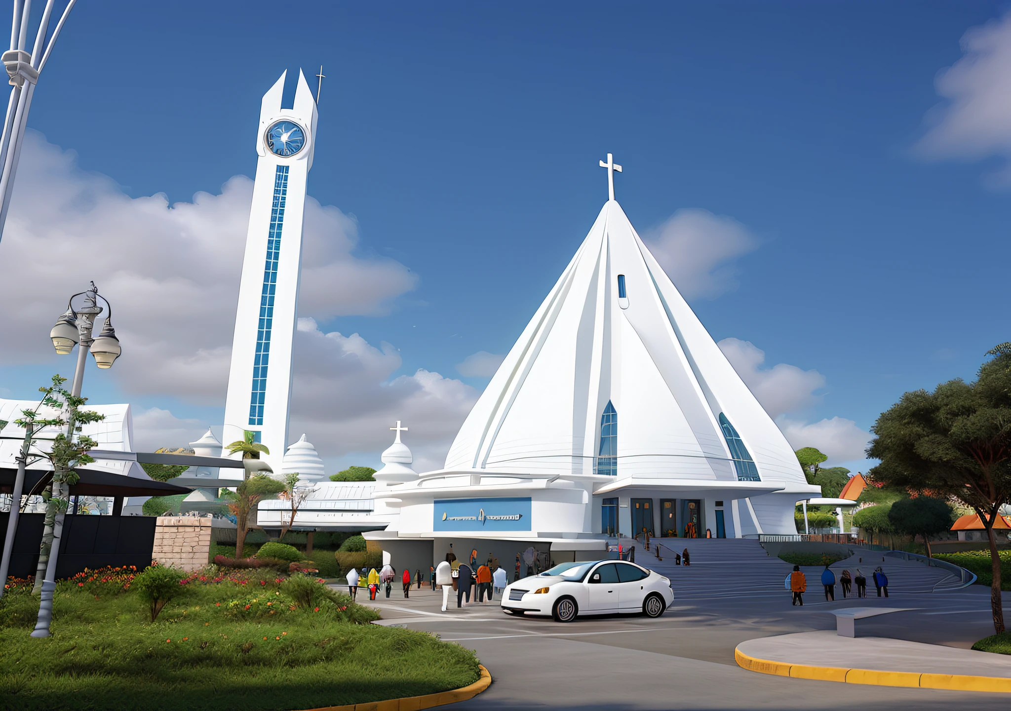 White church in conical shape, arquitetura futurista, disney pixar, cartoon, cidade