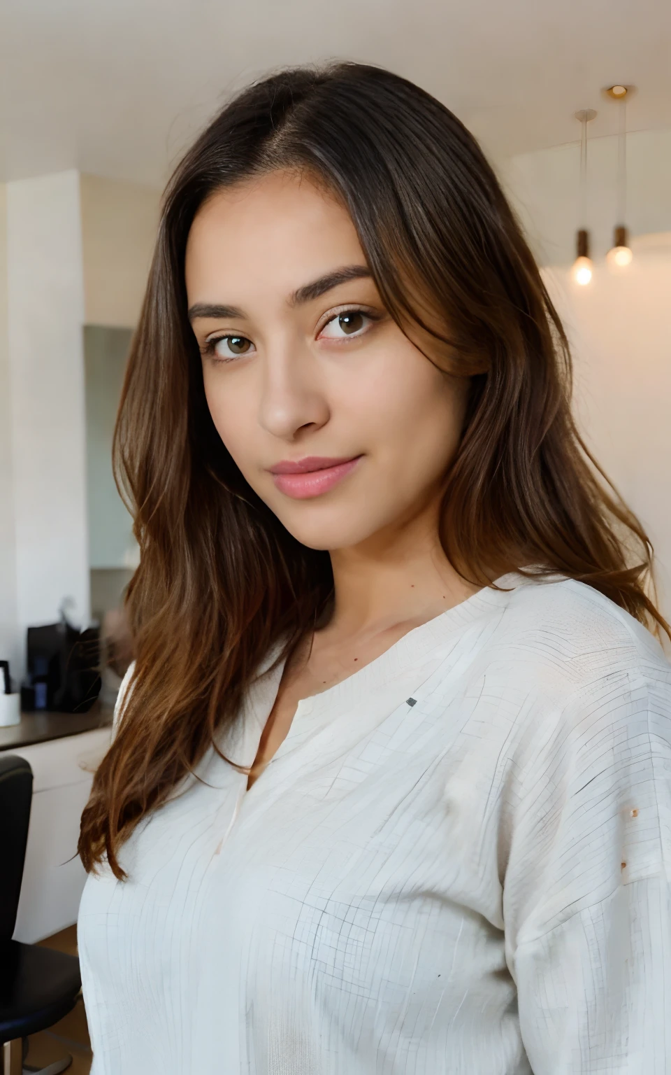 Beautiful brunette in a light beige sweater (Nail care in a modern beauty salon), Very detailed, 21 old years, Innocent Face, natural wavy hair, Cyan eyes, High Resolution, Masterpiece, Best Quality, intricate details, higly detailed, sharp-focus, detailed skin, realistic skin texture, texture, A detailed eye, Professional, 4k, Adorable smile, shot on Canon, 85 mm, Shallow depth of field,  Kodak Vision Color, a perfect fit body, Extremely detailed, a  photo of a_\(ultra\), Photorealist, realisitic, postprocessing, Maximum details, roughness, Real life, Ultra realist, photo realism, a  photo of a, 8K UHD, a  photo of a, Work, bureau