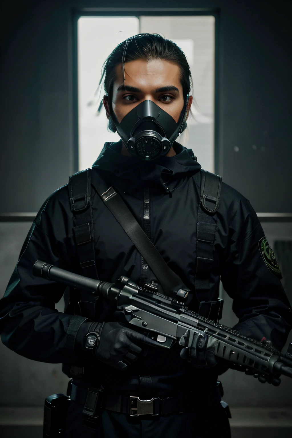 logomarca estilo gamer, ninja, homem ,cabelo branco, with a gas mask on his face, duas espadas nas costas, and a sniper rifle in his hands,uysando um sobretudo estilo matrix . em ultra qualidade, desenho estilo adobe ilustrator vetor