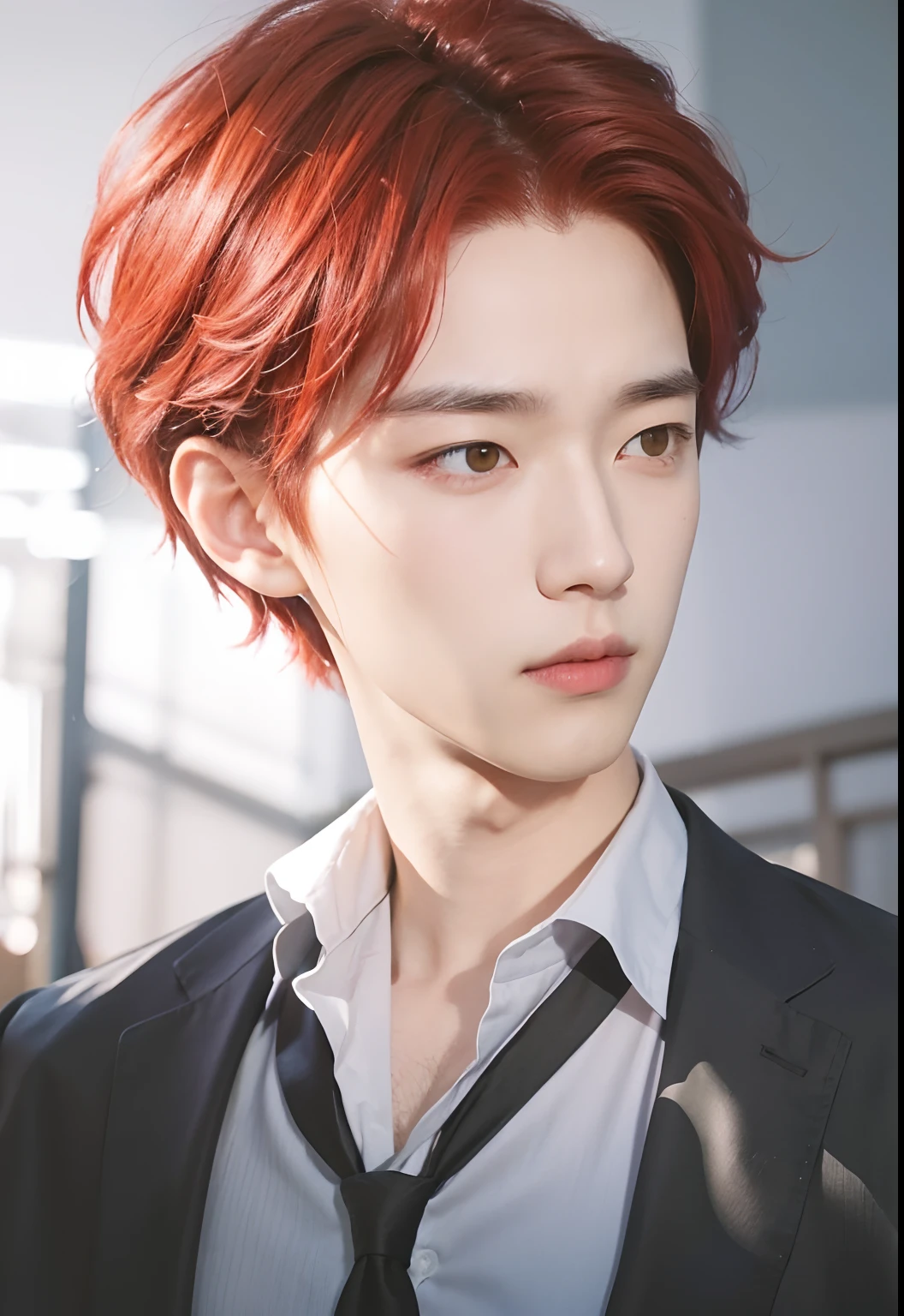 A boy with realistic red hair, realistic bright yellow eyes, realistic Korean handsome face, realistic cool expression, adapts exactly the same clothes,Realistic light, realistic shadows, realistic background