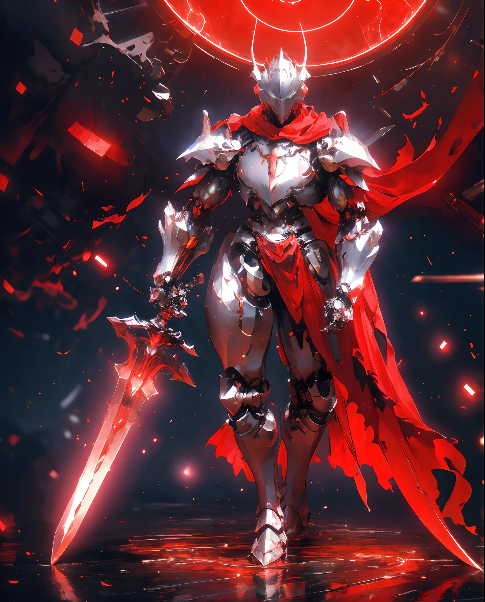 (masterpiece:1.2), best quality,PIXIV,
robot girl,breast,weapon, sword, armor, holding weapon, holding, holding sword, solo, gauntlets, cape, red cape, full armor, helmet, torn cape, male focus, standing, glowing, shoulder armor, red theme, pauldrons, breastplate, torn clothes, greaves, crack, horns, knight, torn, armored boots