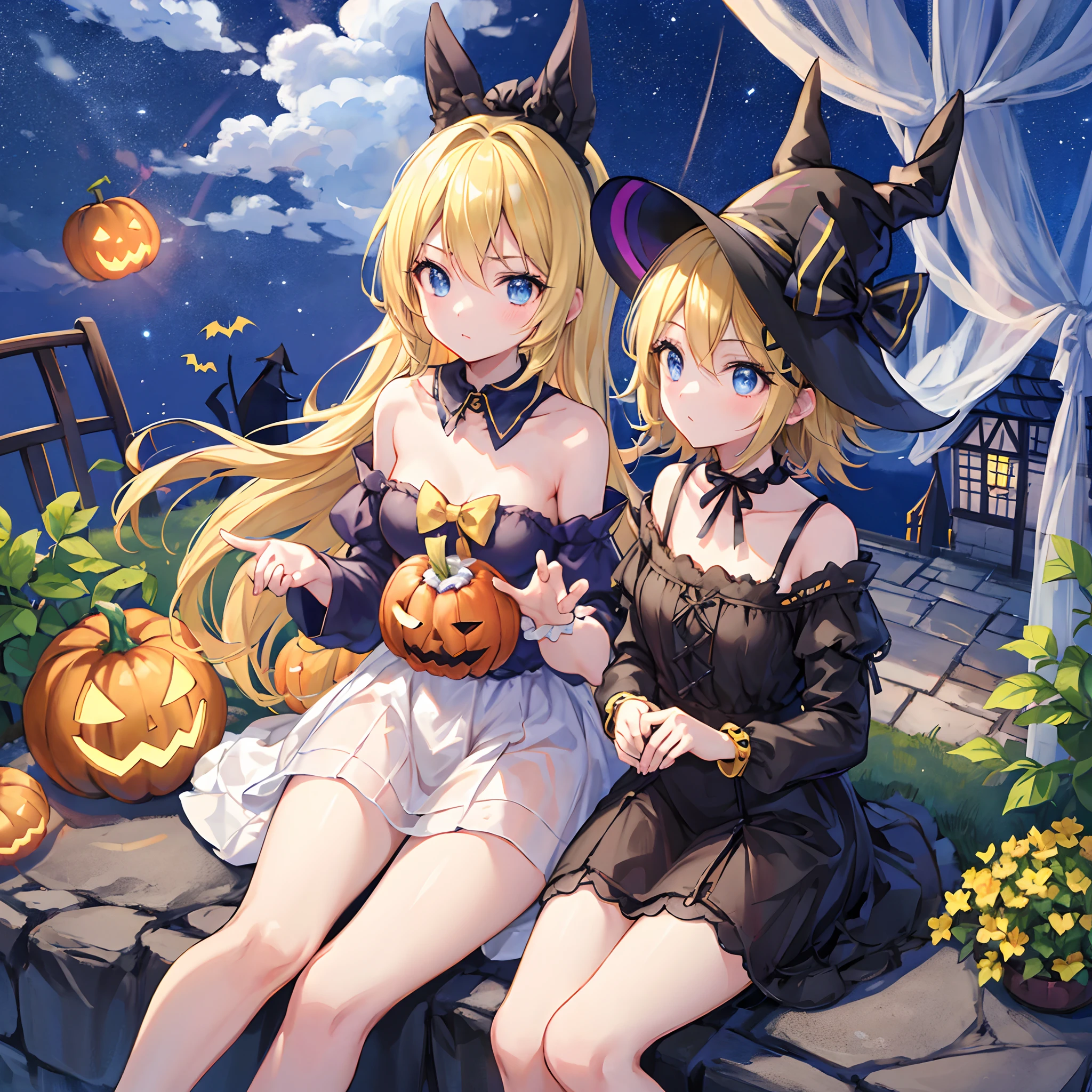 en 8K、highest qualityr、obra maestra、Ultra-detallado、Ultra-high resolution、kagamine rin 、halloween、Sombrero de bruja、una rubia、Cabello trenzado、vestido negro、hombros desnudos、escote de la mama、Makeups、sombras de ojos、Una pulsera、Ciudad medieval、Sit on the roof、gato negro