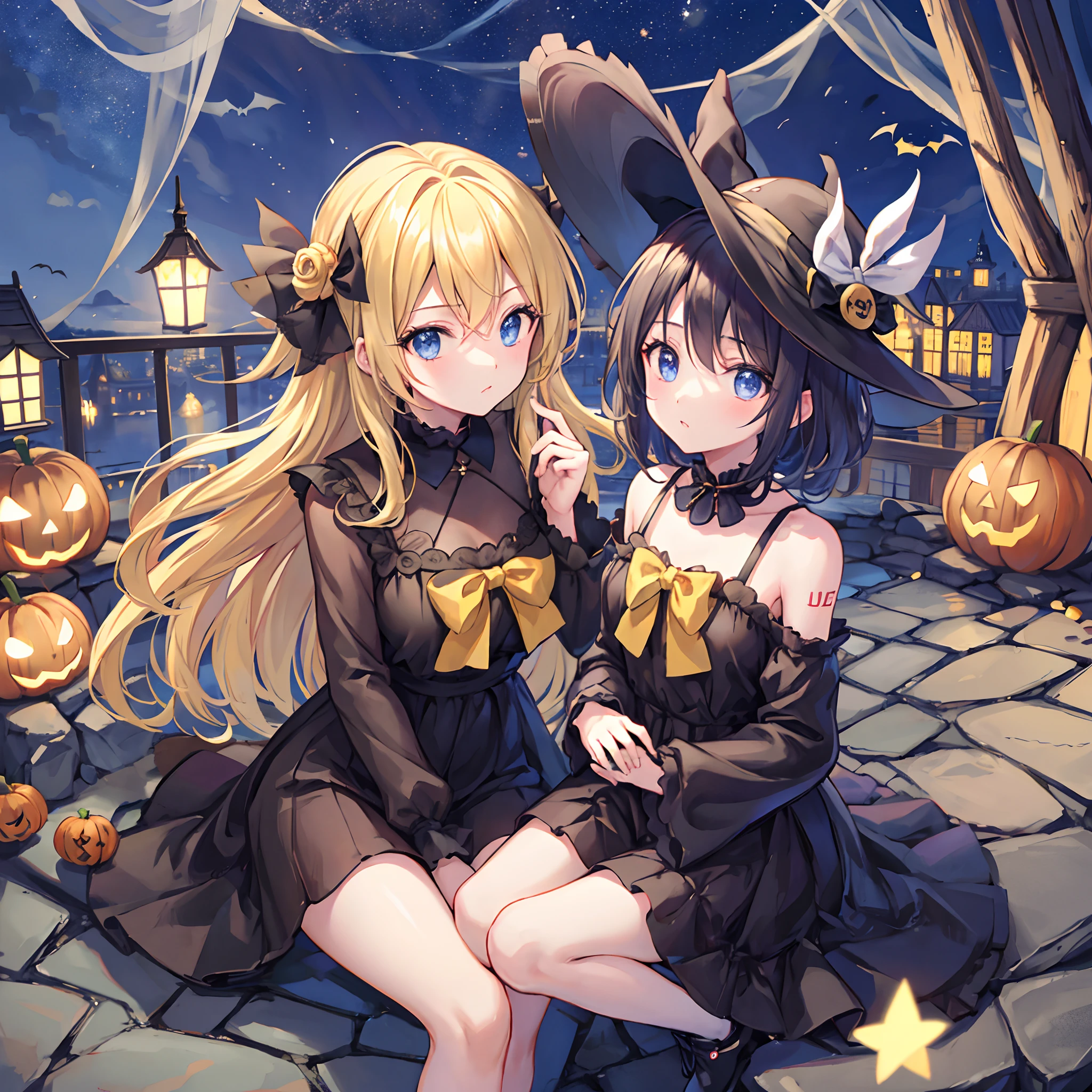 en 8K、highest qualityr、obra maestra、Ultra-detallado、Ultra-high resolution、kagamine rin 、halloween、Sombrero de bruja、una rubia、Cabello trenzado、vestido negro、hombros desnudos、escote de la mama、Makeups、sombras de ojos、Una pulsera、Ciudad medieval、Sit on the roof、gato negro