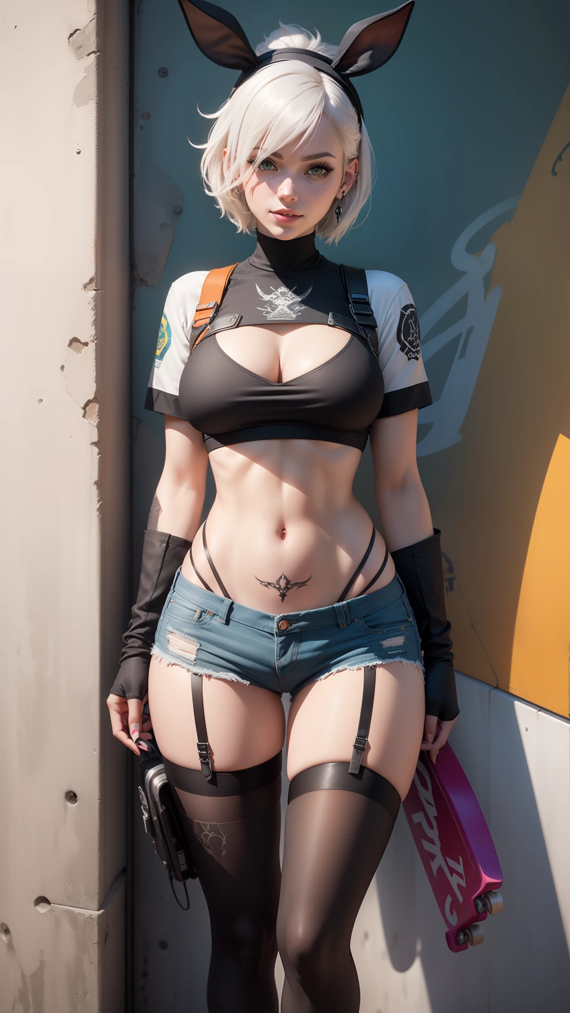 gwen tennyson,tracer,yorha 2b,y'shtola rhul,overwatch,nier automata,mecha pilot,skatepark,tattoos,orange and pink plugsuit,white short sleeve top,denim micro shorts,garter belt, uncovered belly,short hair,cute makeup,green eyes,dimensional silver hair,sexy smile,freckles,beautiful girl,large breasts,8k,ultra detailed, realistic,fantasy art,skater uniform,ear piercings,cyberpunk suit,saiyan girl, saiyan female,white short sleeve jacket,bunny ear beanie,skate ramps, graffiti wall art,skate board,bunny suit,multicolored hair,
