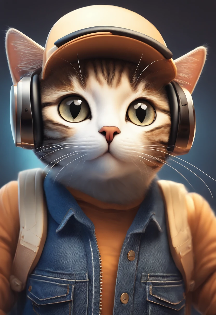 A cute shorthair cat,Wear it with a denim suit,White sneakers,Bring headphones,Pleasant expression,Cute digital illustration art,tmasterpiece,best qualtiy