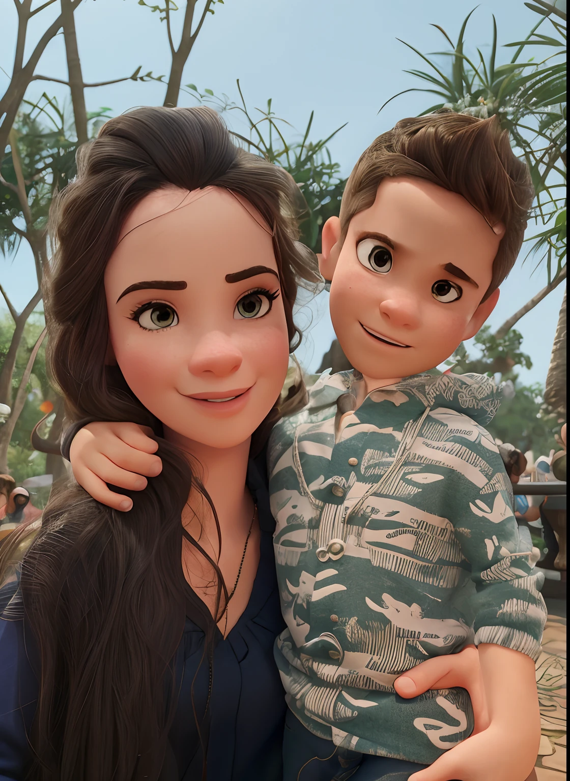 SIDE VIEW CAMERA OF ((masterpiece, best quality)), award winning, 4k, 8k, 3d pixar animation character, visible face, SIDE VIEW,(one 25 YEAR OLD woman NAMED BRISA), portrait, beautiful, cute, yellow shirt, yellow pants, light long blue apron, pink sneakers, long plaid blue hair, light tan skin, brown eyes, ((Perfect Hands)), UHD, 8K, her pose is HUGGING A 14 YEAR OLD LATIN BOY WHO IS CRYING, BRISA IS CRYING ALSO WHILE SHE CONFORTS THE BOY WITH HIS GRIEF, BACKGROUND IS: ((masterpiece, best quality)),3d illustration of countryside el salvador, a big, tall and wide amate tree behind with a big hole in its trunk)