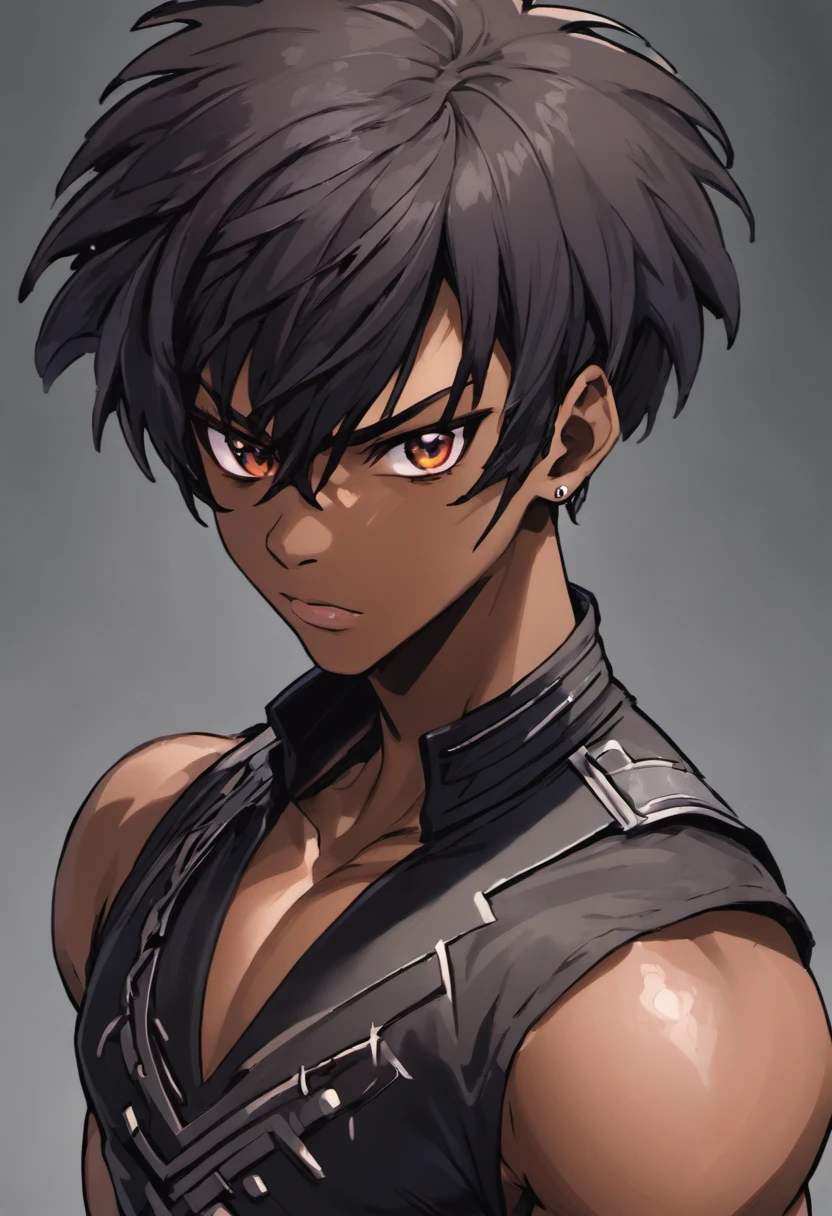 there is a black man with a black hair and a black vest, retrato detalhado do caractere, um ciborgue negro adolescente, anime afrofuturismo, Wakanda, Personagem altamente detalhado, cabelo preto espetado e pele escura, retrato de personagem de closeup, arte oficial do personagem, arte detalhada do personagem, Personagem close up, retrato da arte do personagem, Personagem de close up, trending in the artstation, Closeup da arte do personagem