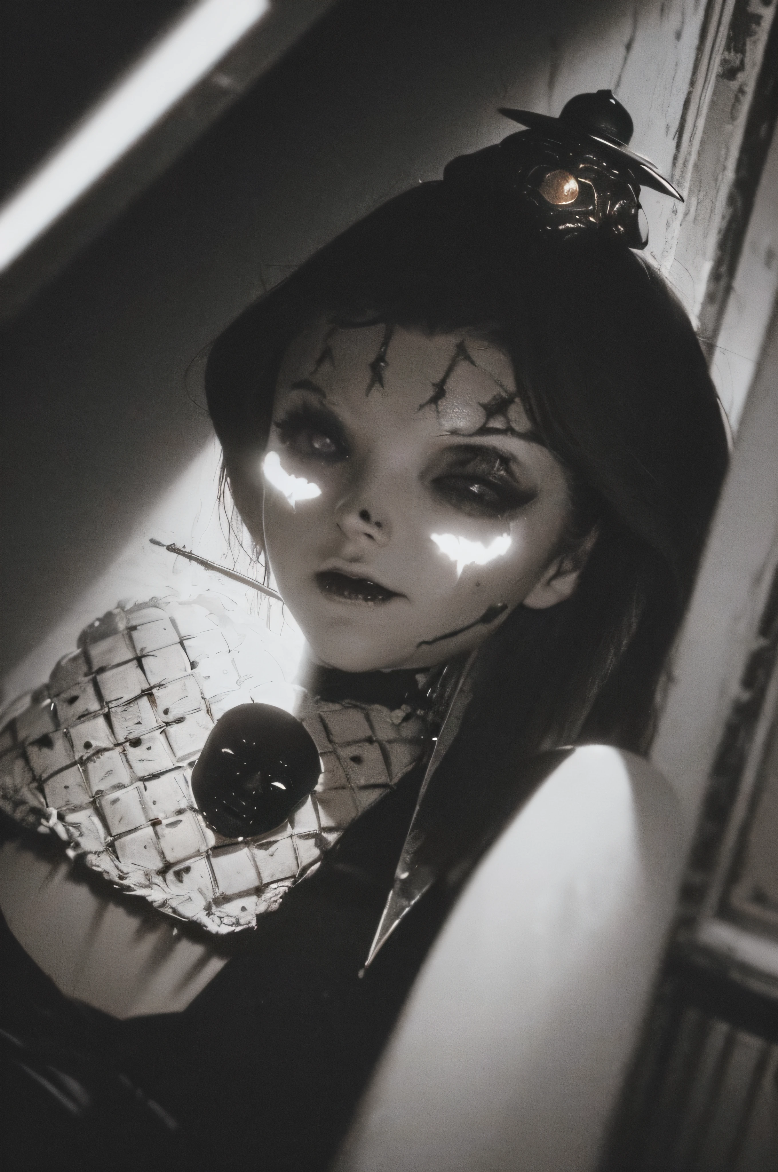 "(The best lighting, oscuro, dramatic),(feto calavera alien, Hellraiser, Cicatrices, sexy, cerebro, sangre, alas blancas sucias, una rata dentro de la cabeza, terror.),(ojos rojos, calaveras). morning light.