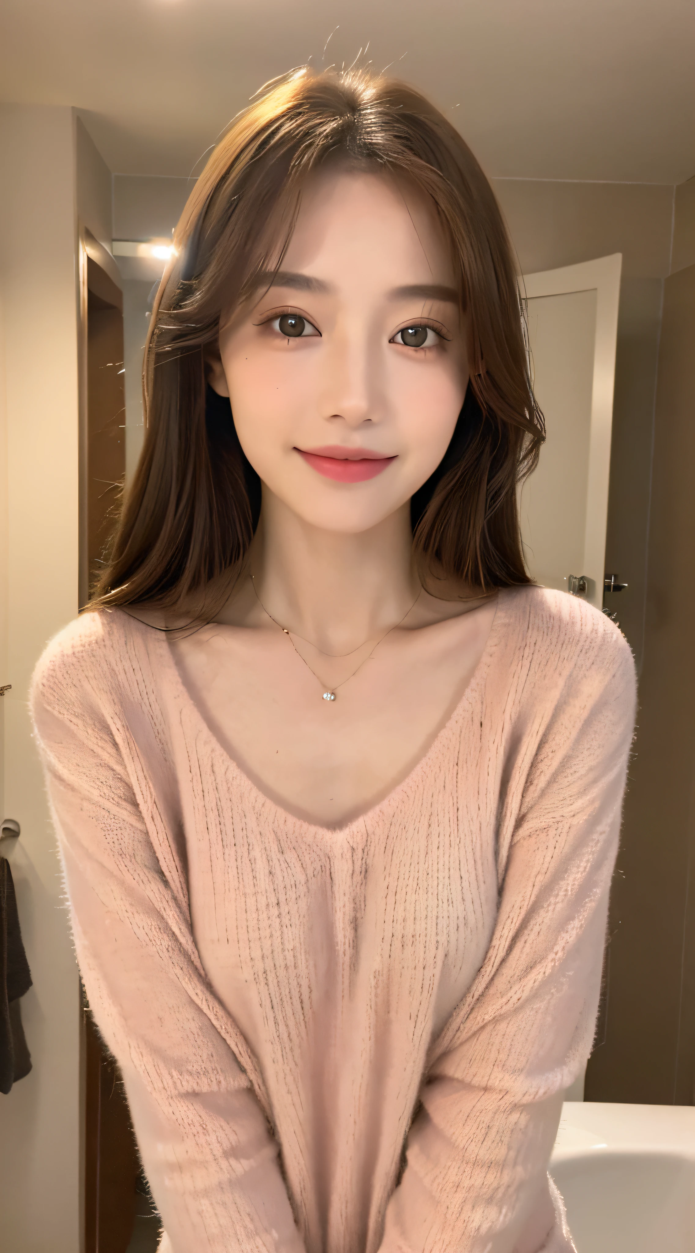 ((Night, Realistic Light, Best Quality, 8K, Masterpiece: 1.3)), 1girl, Slim Beauty: 1.4, Abs: 1.1, (Brown hair, Medium breasts: 1.3), Long pink sweater: 1.1, Bathroom, Super fine face, Delicate eyes, Double eyelids, smile, necklace