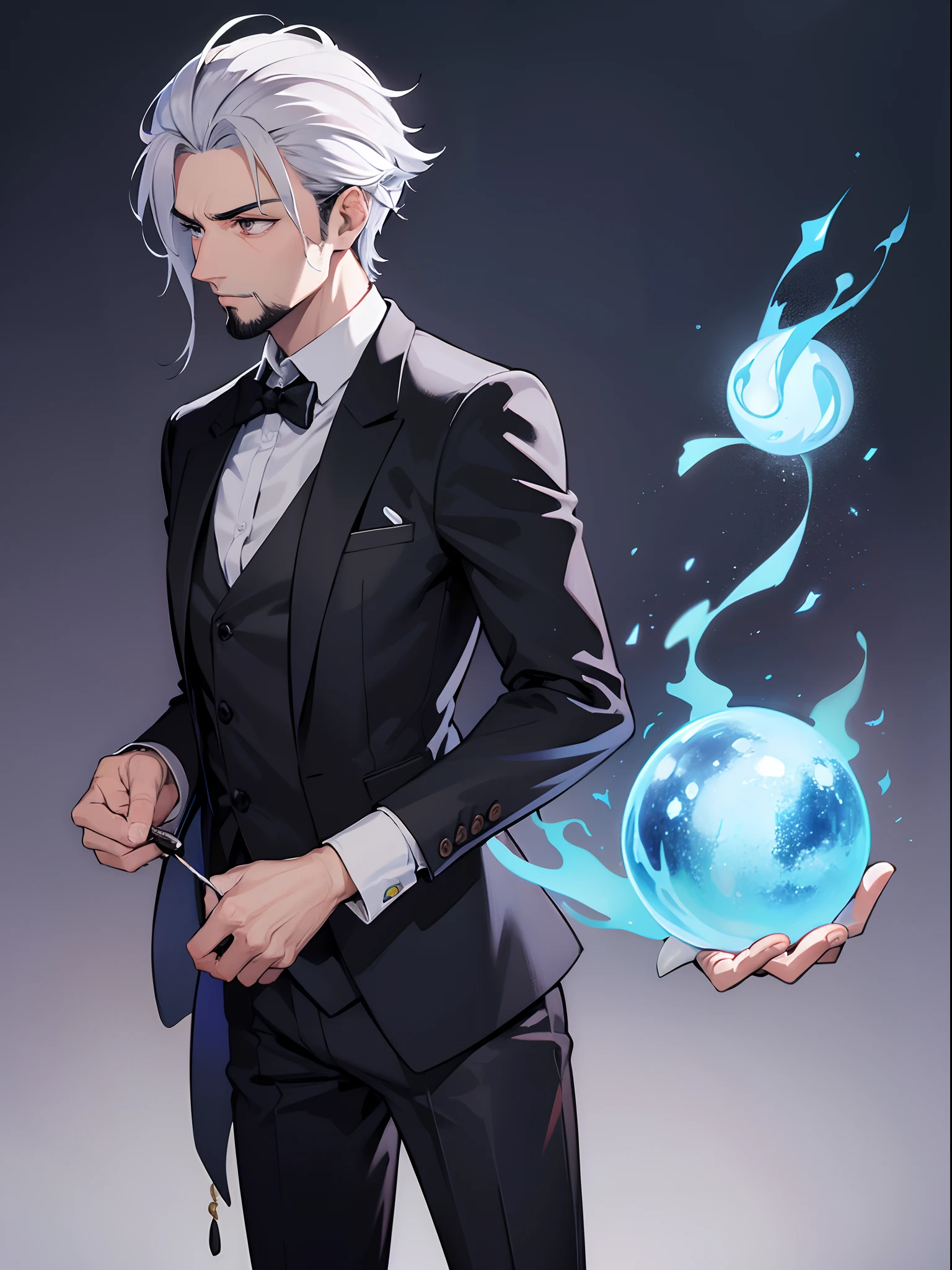 um homem mago bonito, com uma barba fina e simples, Classic Round Glazing, com cabelos brancos curtos, com olhos castanhos, usando um tailcoat preto com uma listra, uma camisa branca aberta, black dress pants, com a cena cinematográfica magic circle ice fire earth,