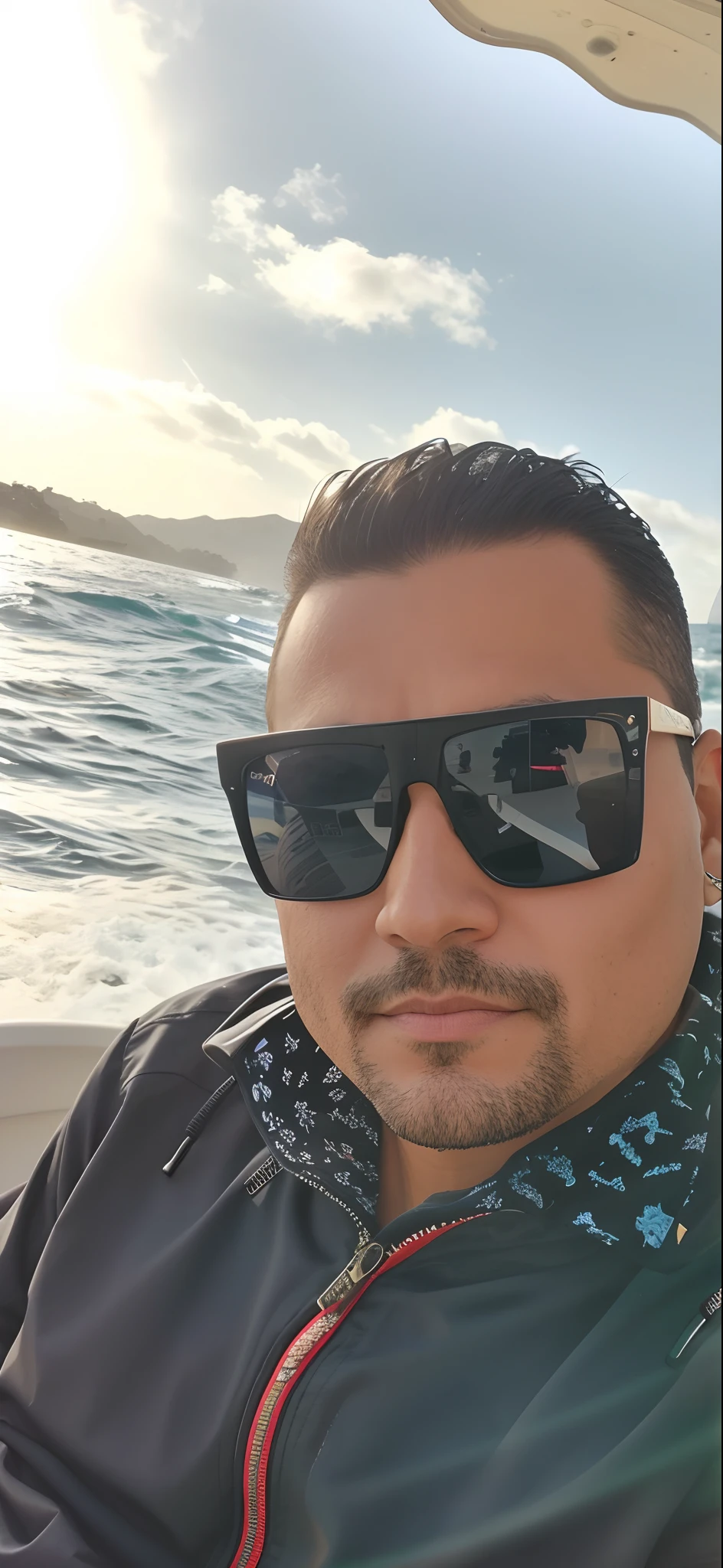 There's a man wearing sunglasses on a boat in the water, on the ocean water, no oceano, oceano ao fundo, imagem de perfil, imagem do avatar, vacation photo, foto de perfil headshot, foto de perfil 1024px, no mar, Alex Yanes, foto de perfil, O oceano ao fundo, wearing versace sunglasses