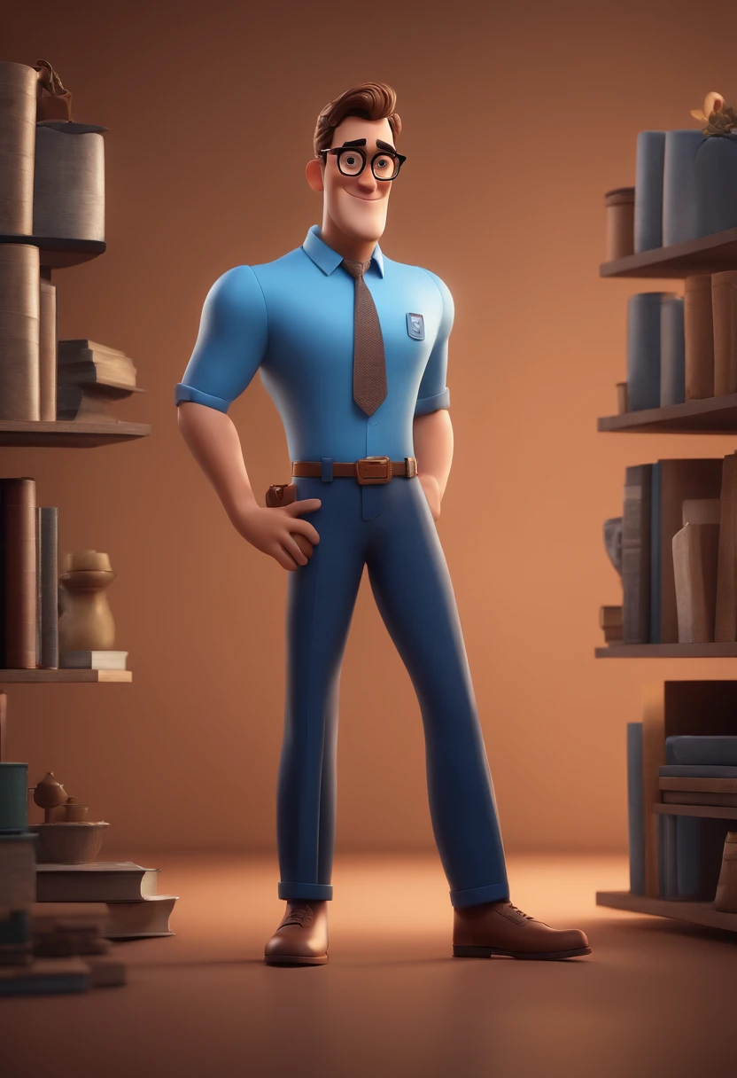Cartoon character of a man with black glasses and a blue shirt, animation character, Caractere estilizado, animation style rendering, 3D estilizado, Arnold Maya render, 3 d render stylized, toon render keyshot, Personagem 3D, Personagem 3D, 3d rendering stylized, 3 d character render, personagem de desenho animado, Personagem de close up, Pose de personagem, (Estilo Pixar) (master part:1.2) (Bokeh) (best quality) (pele detalhada) (textura detalhada) (8k) (argila) (Cinematic lighting) (foco nítido