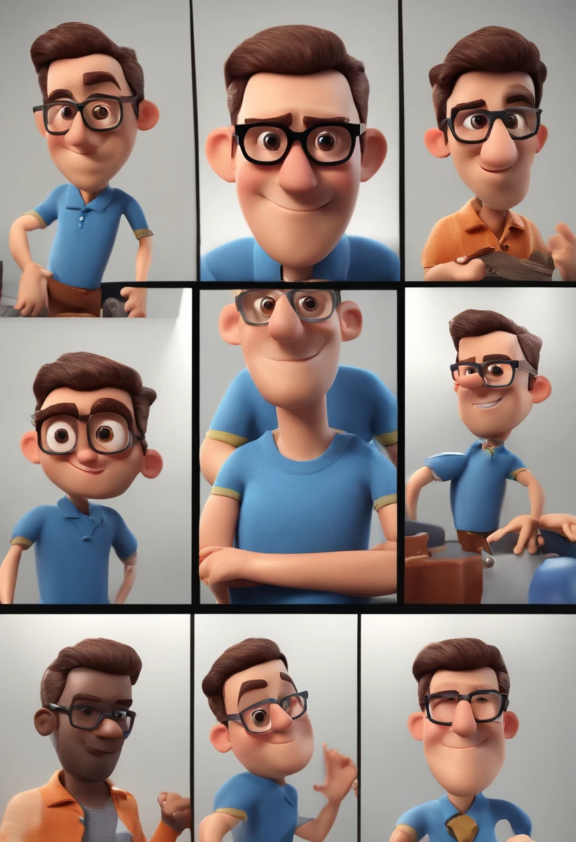 Cartoon character of a man with black glasses and a blue shirt, animation character, Caractere estilizado, animation style rendering, 3D estilizado, Arnold Maya render, 3 d render stylized, toon render keyshot, Personagem 3D, Personagem 3D, 3d rendering stylized, 3 d character render, personagem de desenho animado, Personagem de close up, Pose de personagem,  (Estilo Pixar) (master part:1.2) (Bokeh) (best quality) (pele detalhada) (textura detalhada) (8k) (argila) (Cinematic lighting) (foco nítido