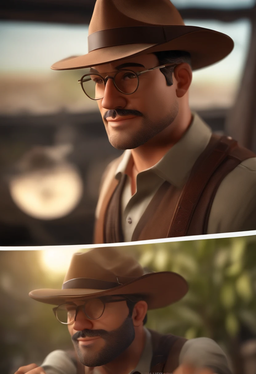 Cartoon character of a man with black glasses and hat, jovem, barba e cabelos escuros, e uma camisa, com mochilanas costas, estilo indiana Jones, animation character, Caractere estilizado, animation style rendering, 3D estilizado, Arnold Maya render, 3 d render stylized, toon render keyshot, Personagem 3D, Personagem 3D, 3d rendering stylized, 3 d character render, personagem de desenho animado, Personagem de close up, Pose de personagem, (Estilo Pixar) (master part:1.2) (Bokeh) (melhor qualidade) (pele detalhada) (textura detalhada) (8k) (argila) (Cinematic lighting) (foco nítido