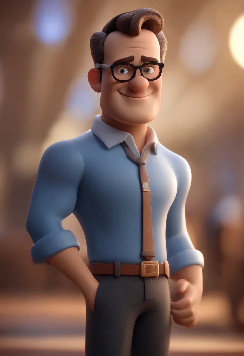 Cartoon character of a man wearing black glasses and a blue shirt, um personagem animado, Caractere estilizado, animation style rendering, 3D estilizado, Arnold Maya render, 3 d render stylized, toon render keyshot, Personagem 3D, Personagem 3D, 3d rendering stylized, 3 d character render, personagem de desenho animado, Personagem de close up, Pose de personagem, (Estilo Pixar) (master part:1.2) (Bokeh) (best quality) (pele detalhada) (textura detalhada) (8k) (argila) (Cinematic lighting) (foco nítido,Senta e vaza a parte superior do corpo