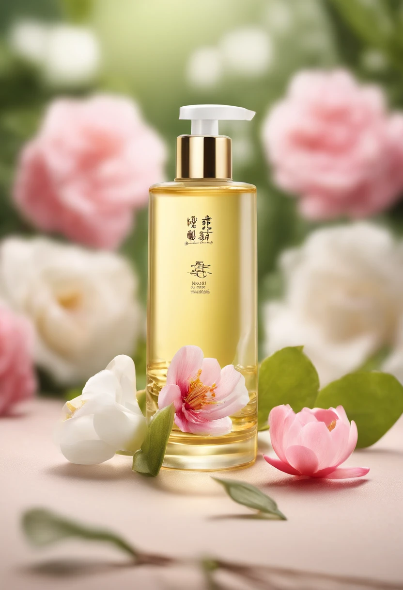 (Best quality,4K,8K,A high resolution,Masterpiece:1.2),Ultra-detailed,(Realistic,Photorealistic,photo-realistic:1.37),A close-up of a bottle of Huang Jixiu cleansing oil and a selection of flowers, Clean face and body skin, Skincare, skin care, Take a picture of your skincare brand, Product photography, professional product shot, products shot, products shot, product display photograph, professional product photo, products shot, Minimalist design, photo product, natural skin tones, Clean gloss, natural skin tones, miniature product photo