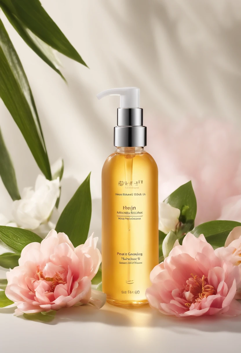 (Best quality,4K,8K,A high resolution,Masterpiece:1.2),Ultra-detailed,(Realistic,Photorealistic,photo-realistic:1.37),A close-up of a bottle of Huang Jixiu cleansing oil and a selection of flowers, Clean face and body skin, Skincare, skin care, Take a picture of your skincare brand, Product photography, professional product shot, products shot, products shot, product display photograph, professional product photo, products shot, Minimalist design, photo product, natural skin tones, Clean gloss, natural skin tones, miniature product photo