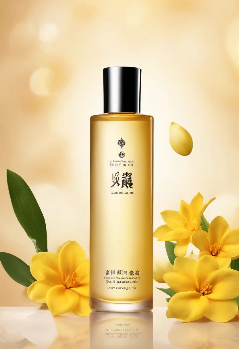 (Best quality,4K,8K,A high resolution,Masterpiece:1.2),Ultra-detailed,(Realistic,Photorealistic,photo-realistic:1.37),A close-up of a bottle of Huang Jixiu cleansing oil and a selection of flowers, Clean face and body skin, Skincare, skin care, Take a picture of your skincare brand, Product photography, professional product shot, products shot, products shot, product display photograph, professional product photo, products shot, Minimalist design, photo product, natural skin tones, Clean gloss, natural skin tones, miniature product photo