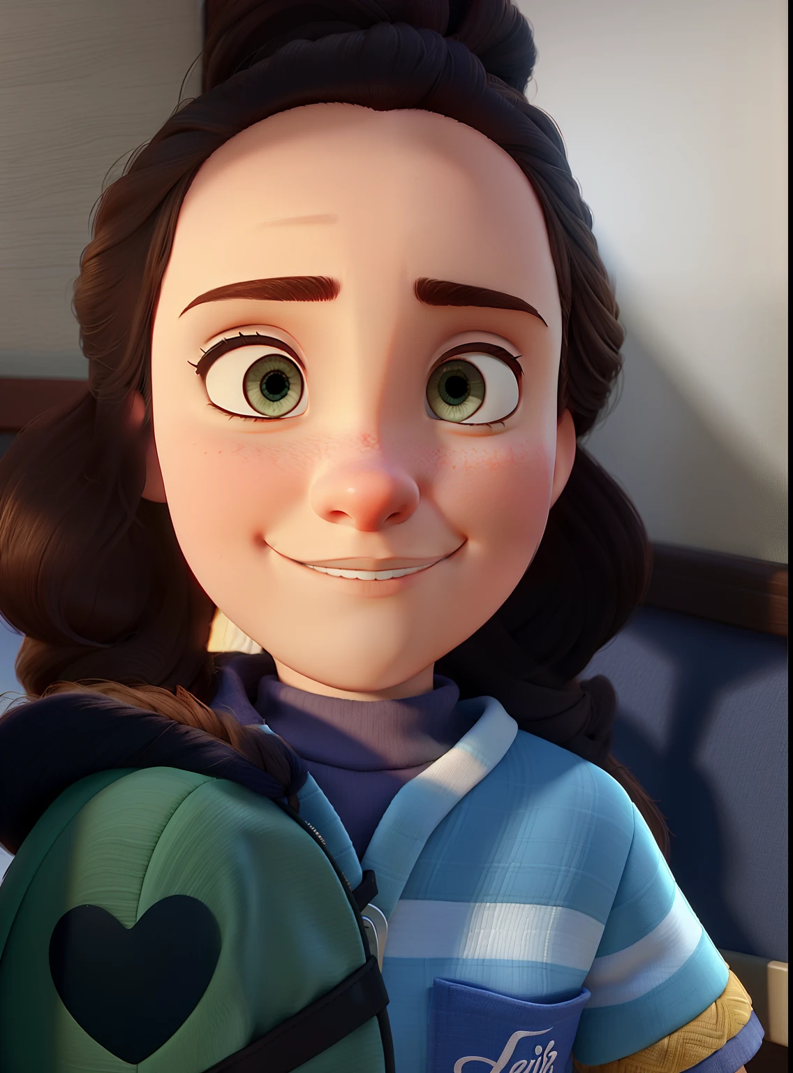 Pixar movie poster featuring a wise young white woman with long brown hair, jaleco branco, Physiotherapist standing in front, com o pano de fundo de uma uti Neonatal