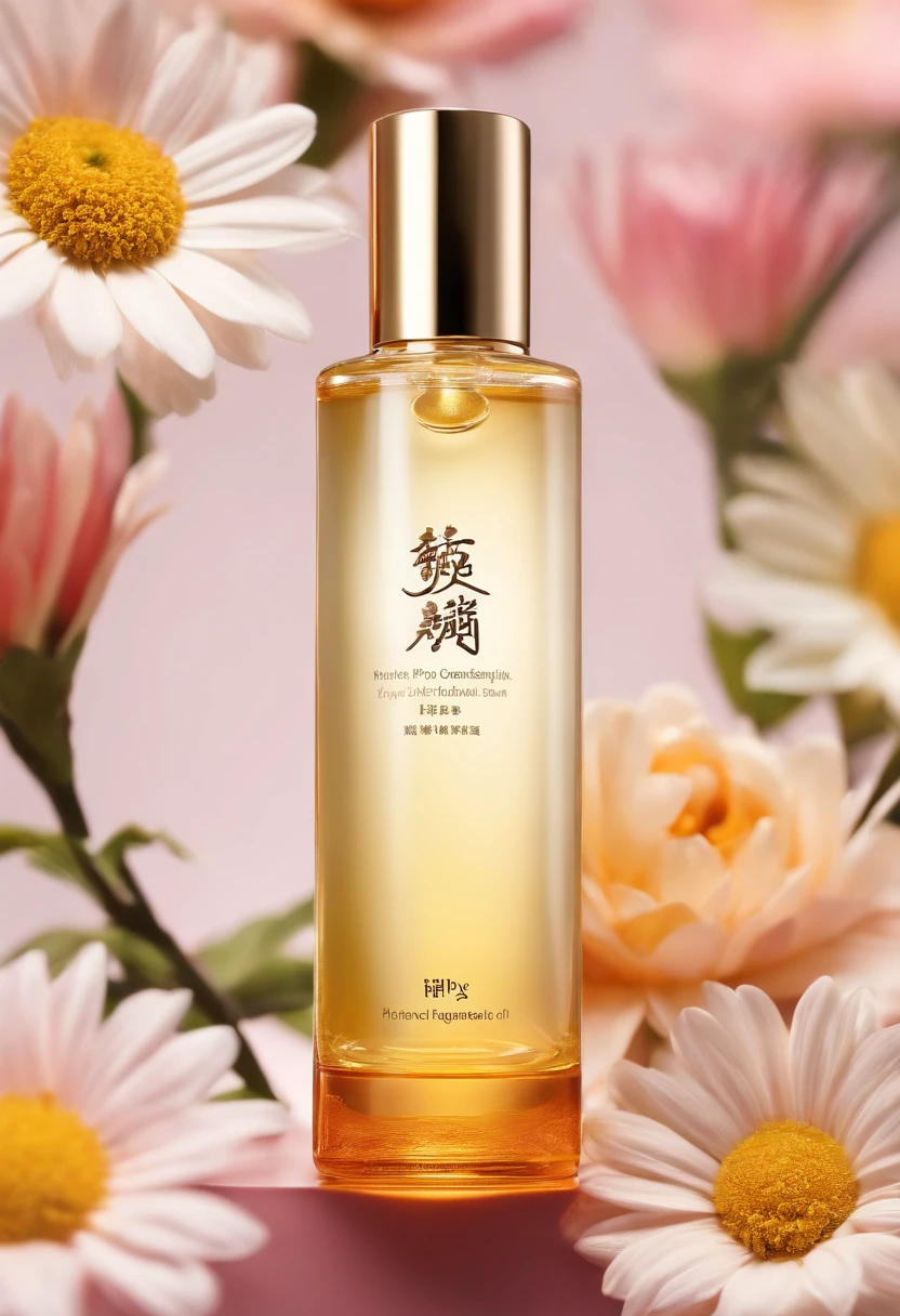 (Best quality,4K,8K,A high resolution,Masterpiece:1.2),Ultra-detailed,(Realistic,Photorealistic,photo-realistic:1.37),A close-up of a bottle of Huang Jixiu cleansing oil and a selection of flowers, Clean face and body skin, Skincare, skin care, Take a picture of your skincare brand, Product photography, professional product shot, products shot, products shot, product display photograph, professional product photo, products shot, Minimalist design, photo product, natural skin tones, Clean gloss, natural skin tones, miniature product photo