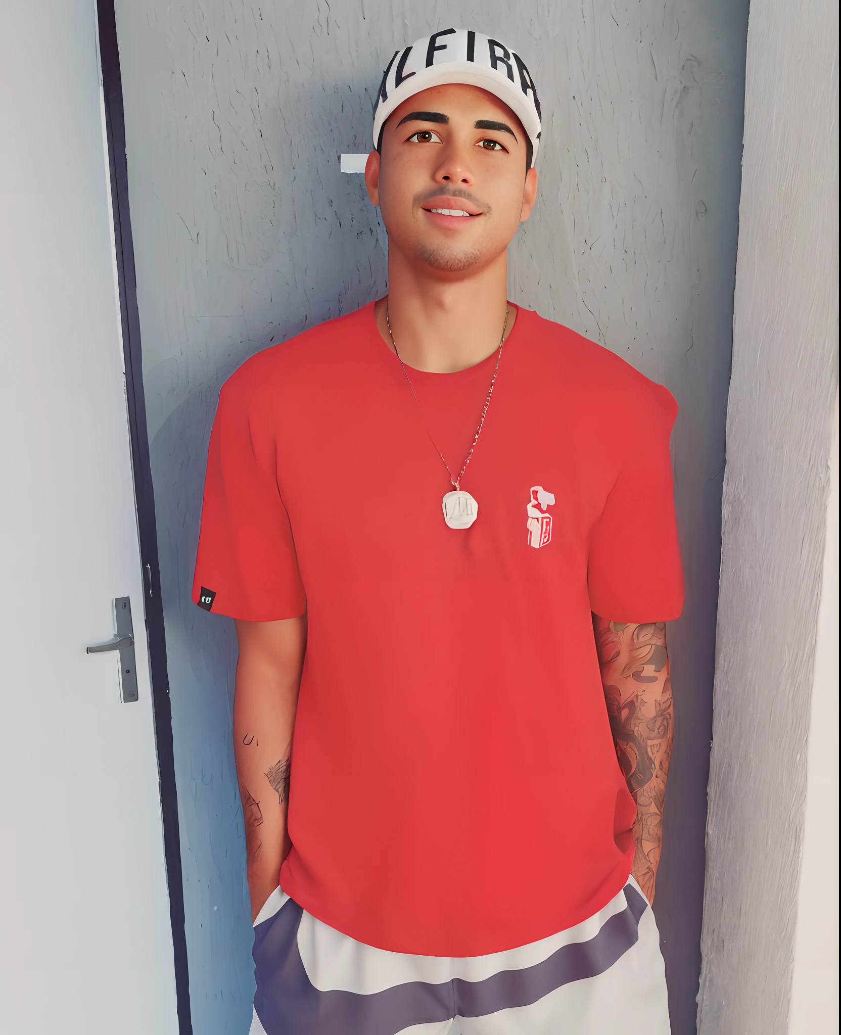 arafed man in a red shirt and a white hat standing in front of a wall, ronaldo luis nazario da lima, ronaldo luis nazario de lima, red t-shirt, inspired by Antônio Parreiras, luis melo, andrea rocha, david rios ferreira, enes dirig, carmelo blandino, nick silva