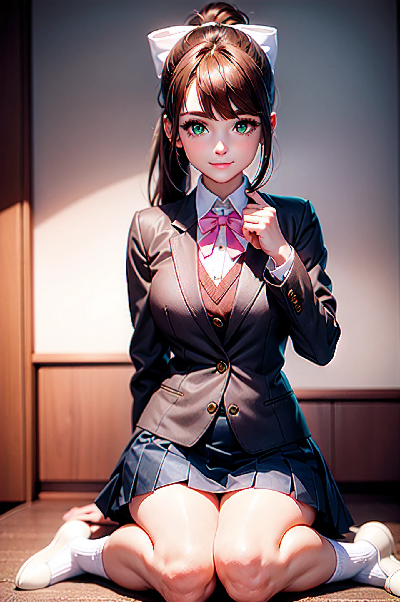 Monika, young, light brown hair, high ponytail, large white bow, emerald green eyes, prominent strands of hair, neatly cut fringe, standard female school uniform, aura of discipline and elegance, warm gray blazer, upright posture, brown wool vest, immaculate white shirt, red ribbon on the collar, dark blue pleated skirt, black socks up to the thigh, white uwabaki slippers with pink tips