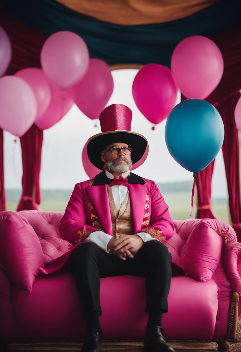 Whitebeard magician,Wears a pink wizard's costume,Sit on a balloon couch,Fly over the fields