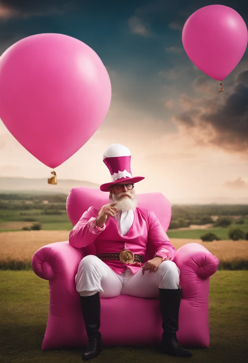 Whitebeard magician,Wears a pink wizard's costume,Sit on a balloon couch,Fly over the fields