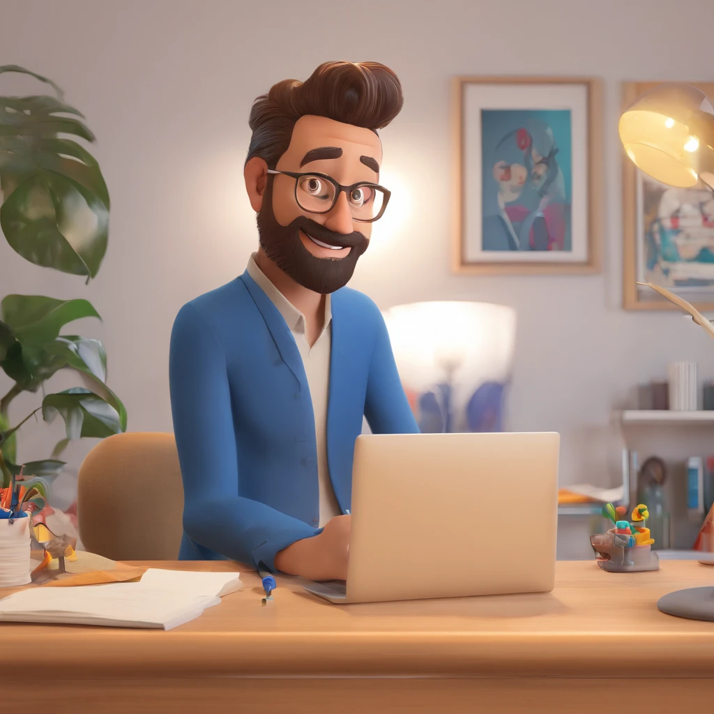 Criar um personagem no estilo Pixar. Trata-se de um homem de 30 anos, com barba, Branco, com cabelos castanhos curtos e um quiff, e olhos castanhos. Ele deve estar na frente de um computador, Trabalhar como designer