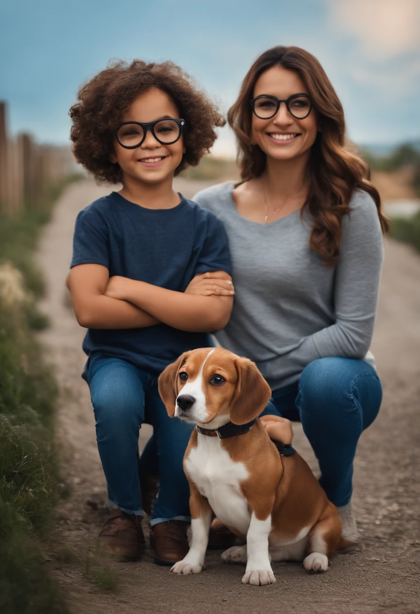 Pixar. Casal com um filhote de cachorro beagle marrom. A menina tem os cabelos loiros amarrados, Camiseta cinza e jeans claro, white glasses. O menino de cabelos pretos com cabelos grisalhos, barba pequena, oculos, Dark blue jeans and gray t-shirt. They are both smiling and are 40 years old