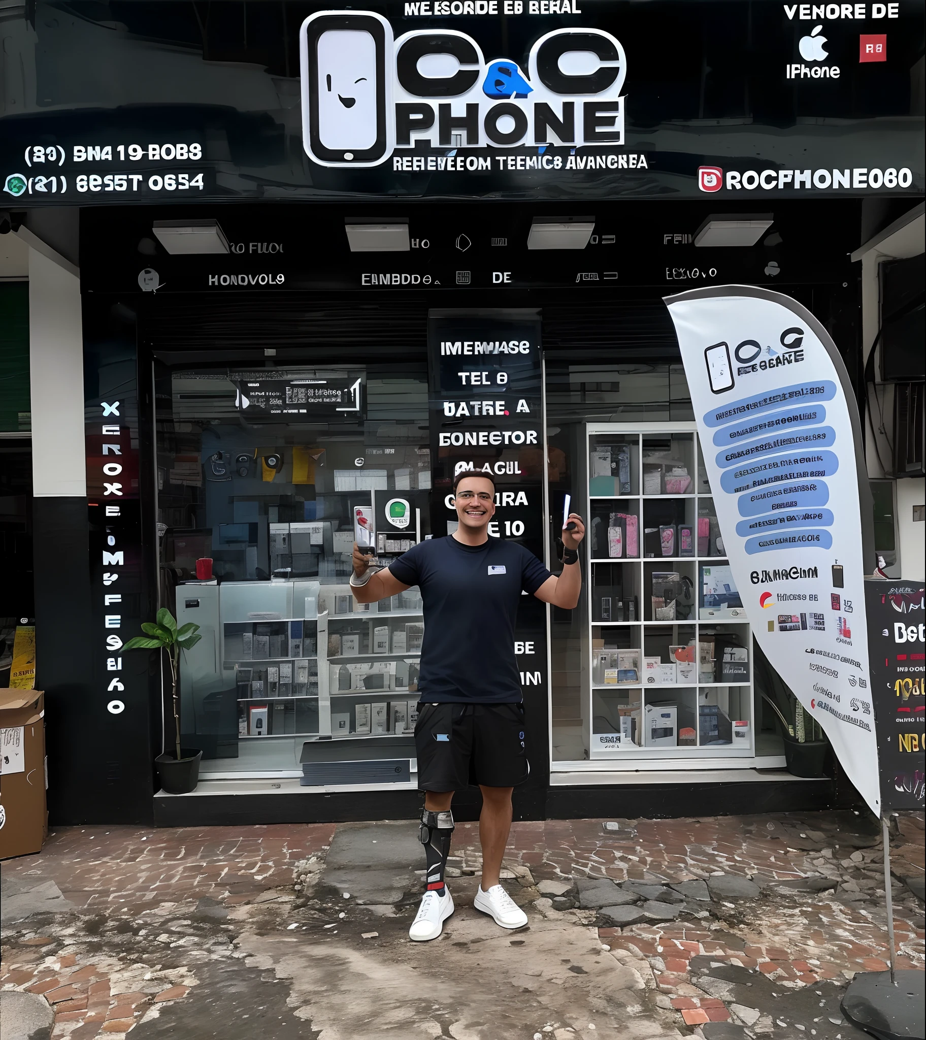 Homem de Ferro,Sale of mobile phone supplies(fone de ouvido,Banco de energia,adaptador),in mobile store,sorridente,fix body,8k