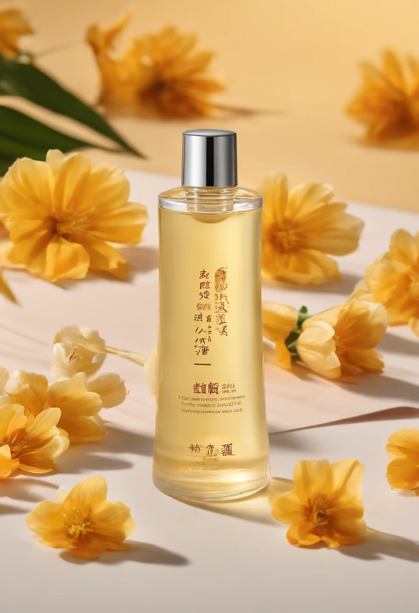 (Best quality,4K,8K,A high resolution,Masterpiece:1.2),Ultra-detailed,(Realistic,Photorealistic,photo-realistic:1.37),A close-up of a bottle of Huang Jixiu cleansing oil and a selection of flowers, Clean face and body skin, Skincare, skin care, Take a picture of your skincare brand, Product photography, professional product shot, products shot, products shot, product display photograph, professional product photo, products shot, Minimalist design, photo product, natural skin tones, Clean gloss, natural skin tones, miniature product photo