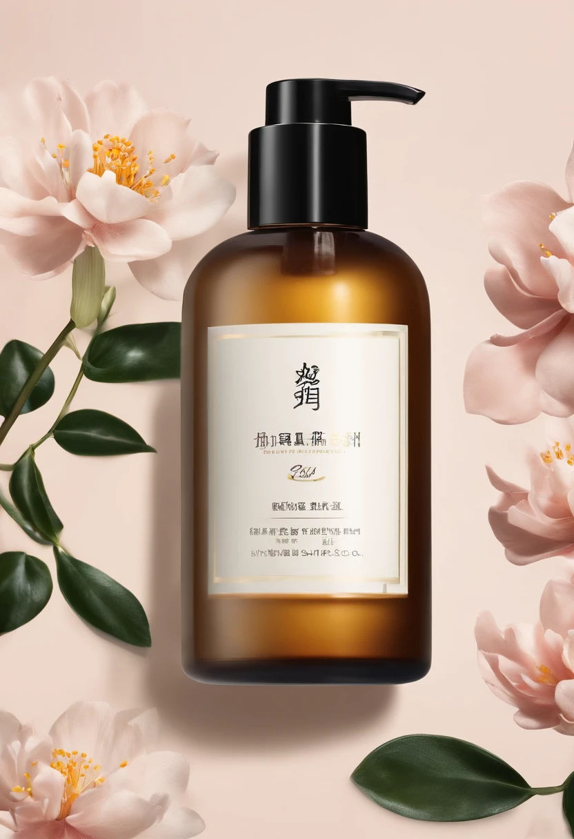 (Best quality,4K,8K,A high resolution,Masterpiece:1.2),Ultra-detailed,(Realistic,Photorealistic,photo-realistic:1.37),A close-up of a bottle of Huang Jixiu cleansing oil and a selection of flowers, Clean face and body skin, Skincare, skin care, Take a picture of your skincare brand, Product photography, professional product shot, products shot, products shot, product display photograph, professional product photo, products shot, Minimalist design, photo product, natural skin tones, Clean gloss, natural skin tones, miniature product photo