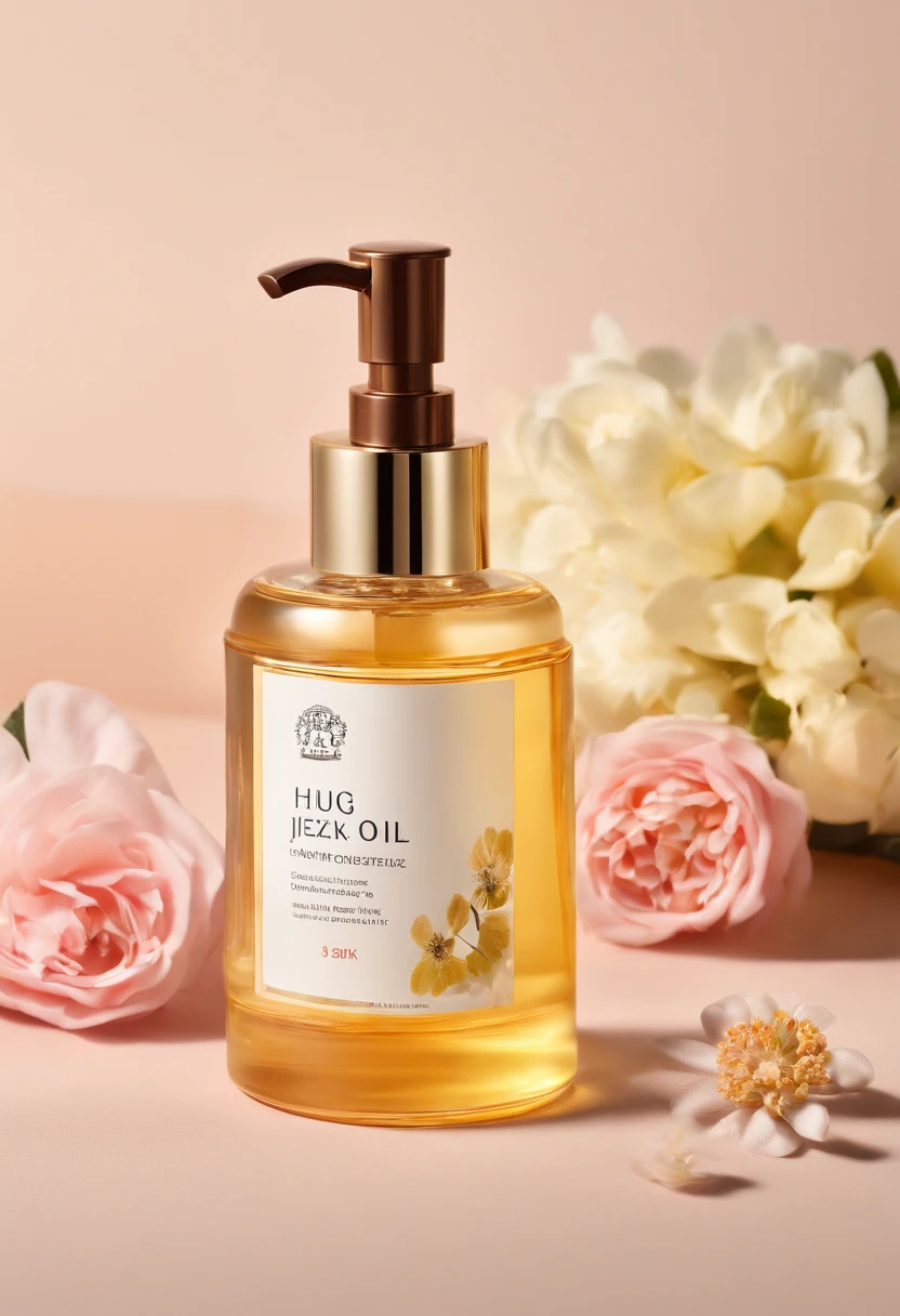 (Best quality,4K,8K,A high resolution,Masterpiece:1.2),Ultra-detailed,(Realistic,Photorealistic,photo-realistic:1.37),A close-up of a bottle of Huang Jixiu cleansing oil and a selection of flowers, Clean face and body skin, Skincare, skin care, Take a picture of your skincare brand, Product photography, professional product shot, products shot, products shot, product display photograph, professional product photo, products shot, Minimalist design, photo product, natural skin tones, Clean gloss, natural skin tones, miniature product photo