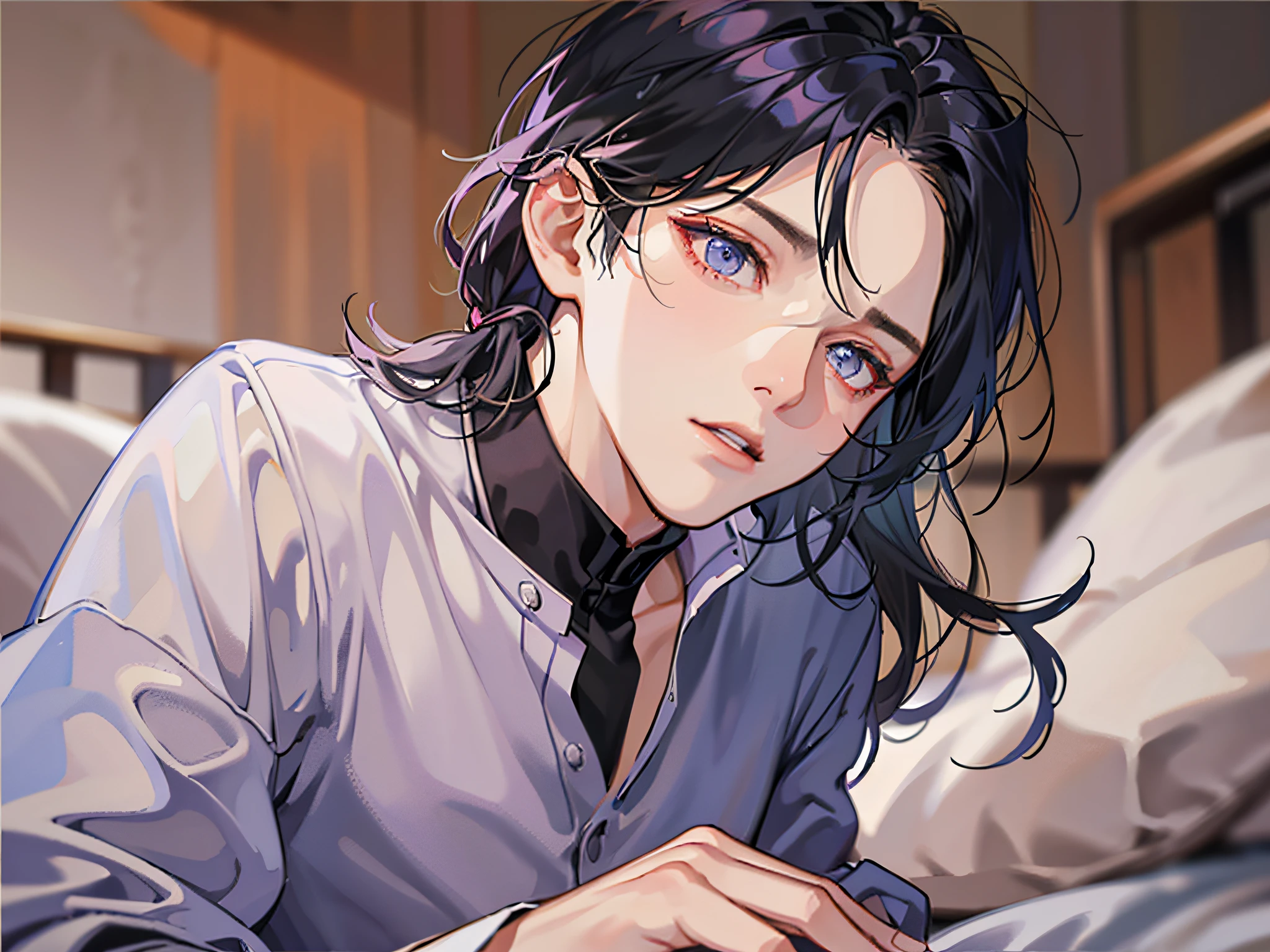 masuter piece,Best Quality,Shirt Men,独奏,ember、moody,Hairstyle mashed,Angle from below,a bed,ムラムラ,Impatient